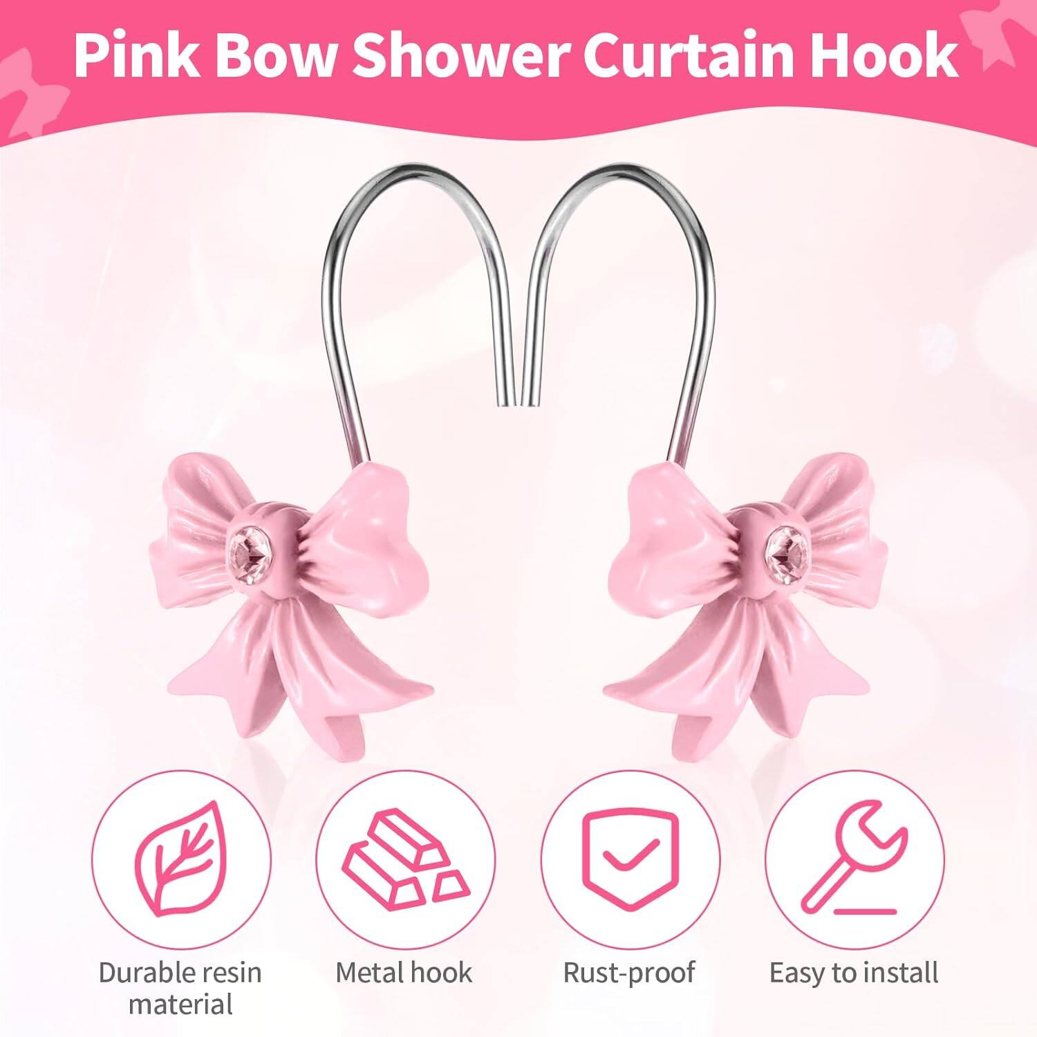 Pink Bow Shower Curtain Hook

- Durable resin material
- Metal hook
- Rust-proof
- Easy to install