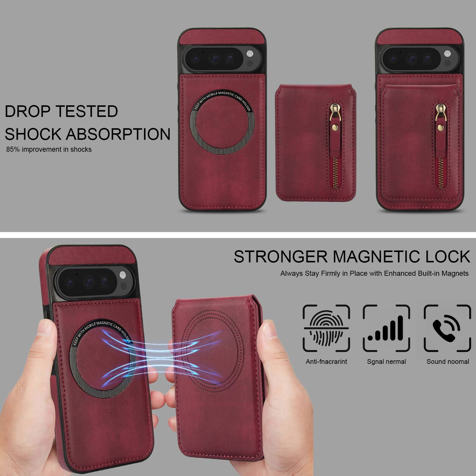 - DROP TESTED
  SHOCK ABSORPTION
  85% improvement in shocks

- STRONGER MAGNETIC LOCK
  Always Stay Firmly in Place with Enhanced Built-in Magnets

- Anti-fnacrarint
- Signal normal
- Sound noomal