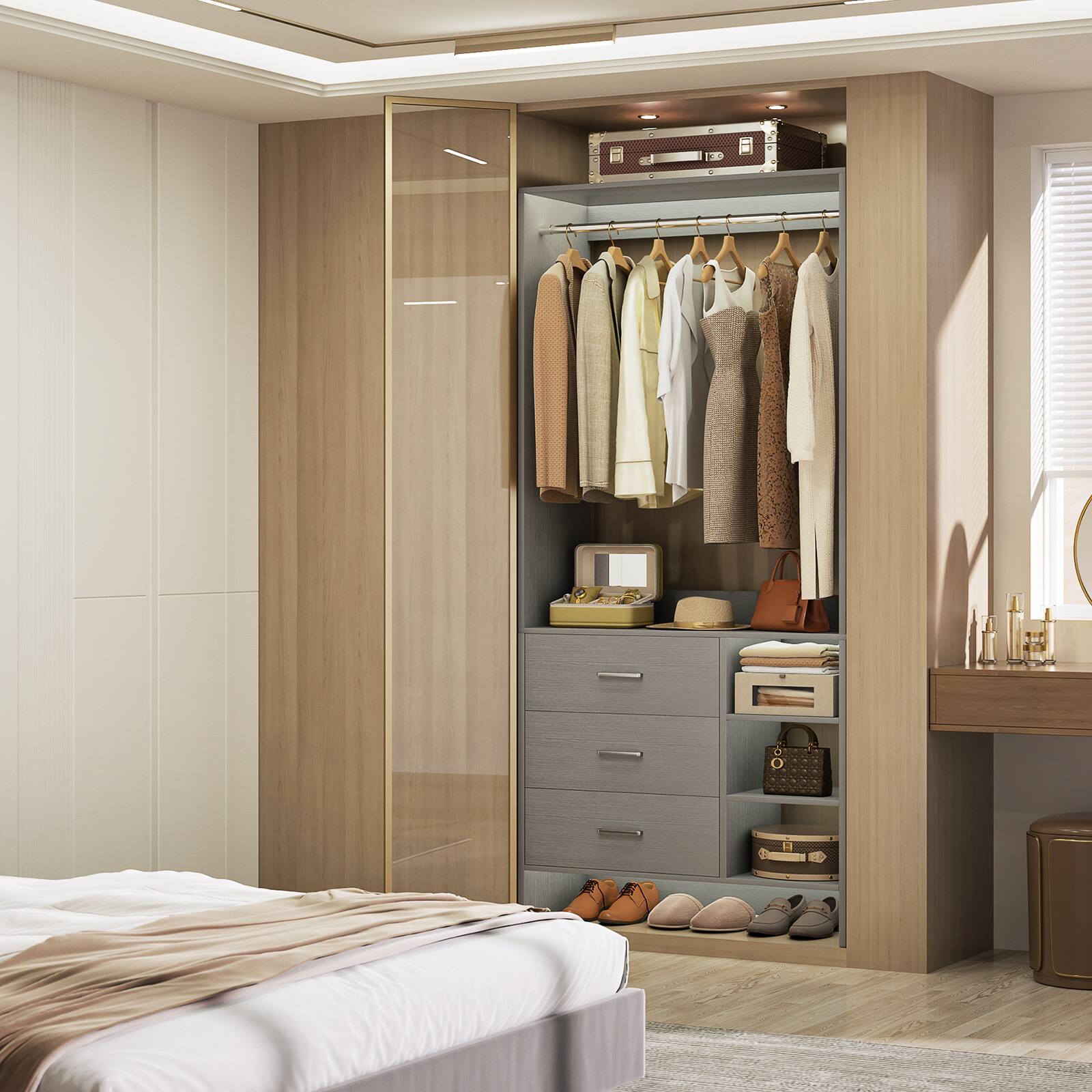 Alt View 4. Aheaplus - 2.5FT Closet System with 3 Drawers, 29.6'' Closet Organizer with Hanging Rod and Shelves - Gray.