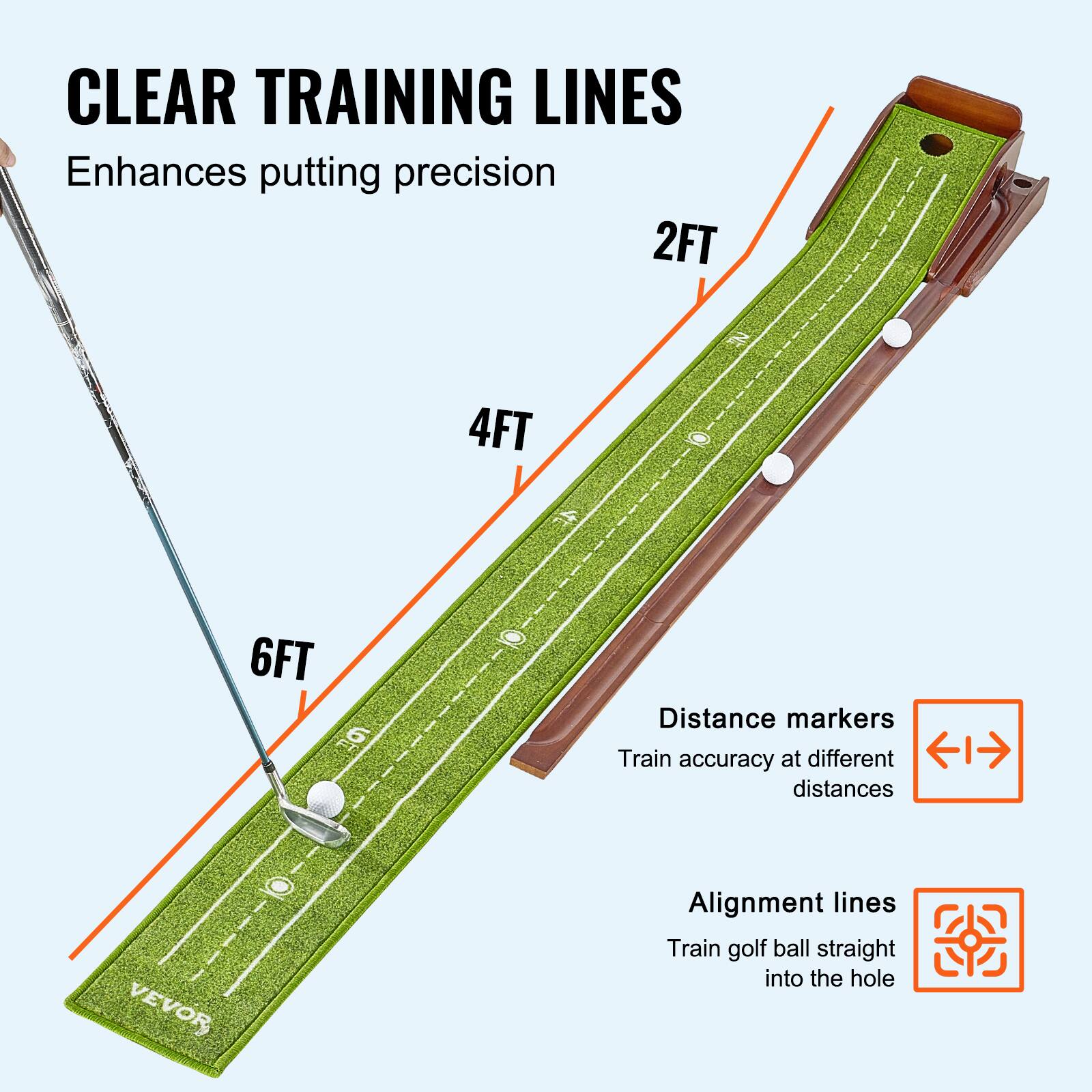 CLEAR TRAINING LINES  
Enhances putting precision  

2FT  
4FT  
6FT  

Distance markers  
Train accuracy at different distances  

Alignment lines  
Train golf ball straight into the hole