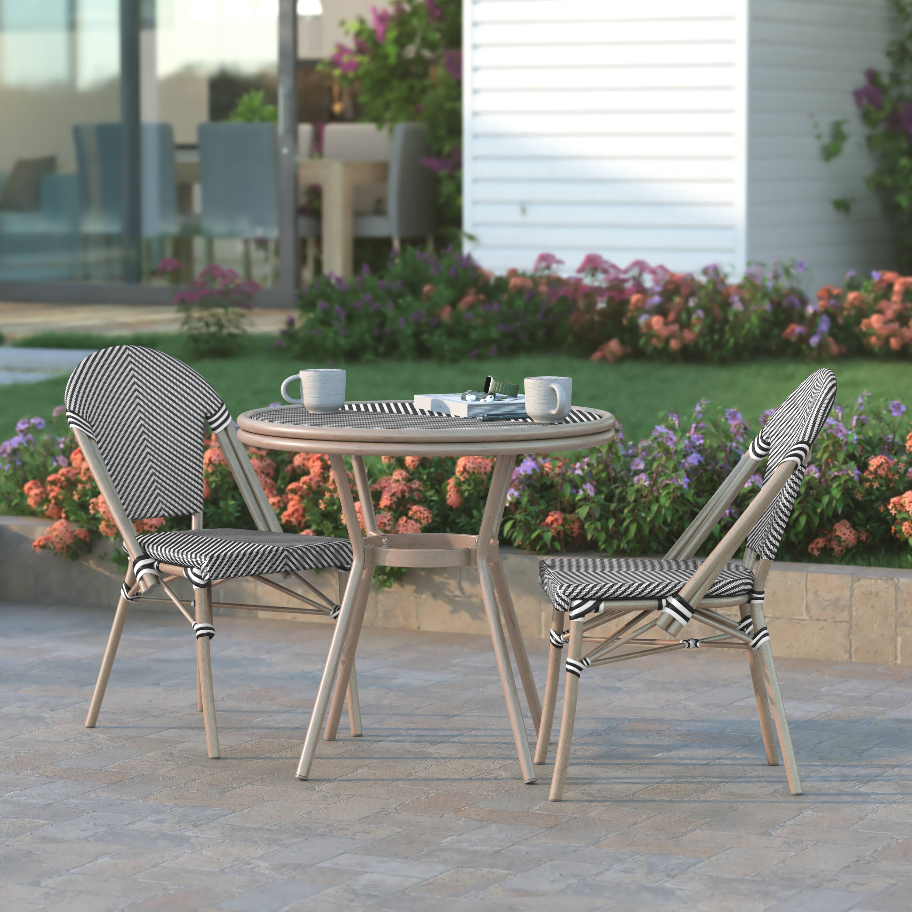 Alt View 3. Emma + Oliver - Massalia Indoor/Outdoor Bistro Style 31.5 in. Table with Textilene, Glass Top, and Two Chairs - Metal Frame - Black & White Textilene/Light Natural Frame.