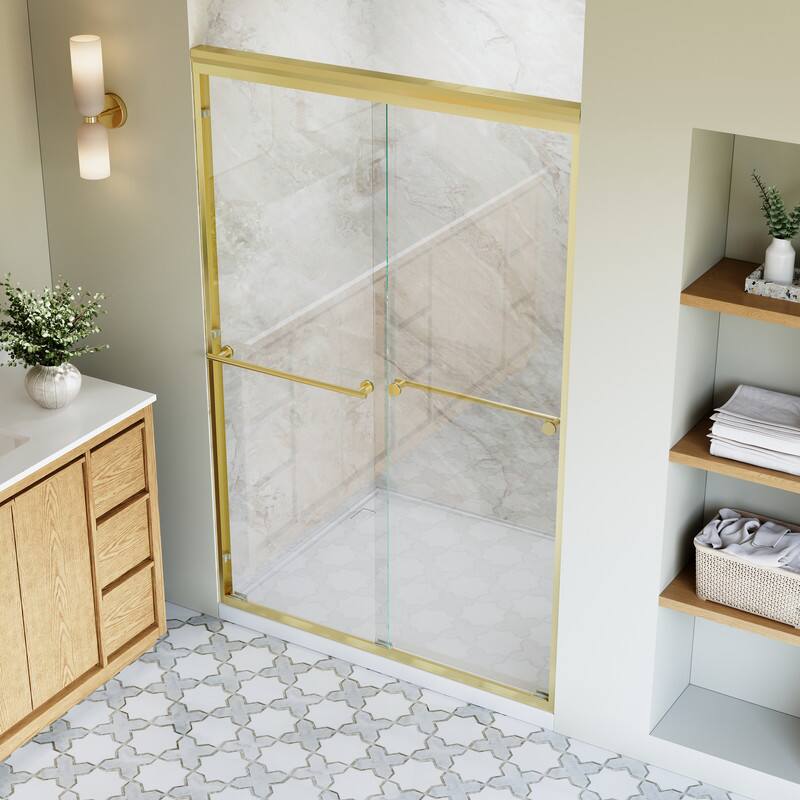 Back. WELLFOR - 44-48 in. W x 72 in. H Framed Sliding Shower Door with 1/4 in. Clear Tempered Safety Glass,Reversible - Brushed Gold.