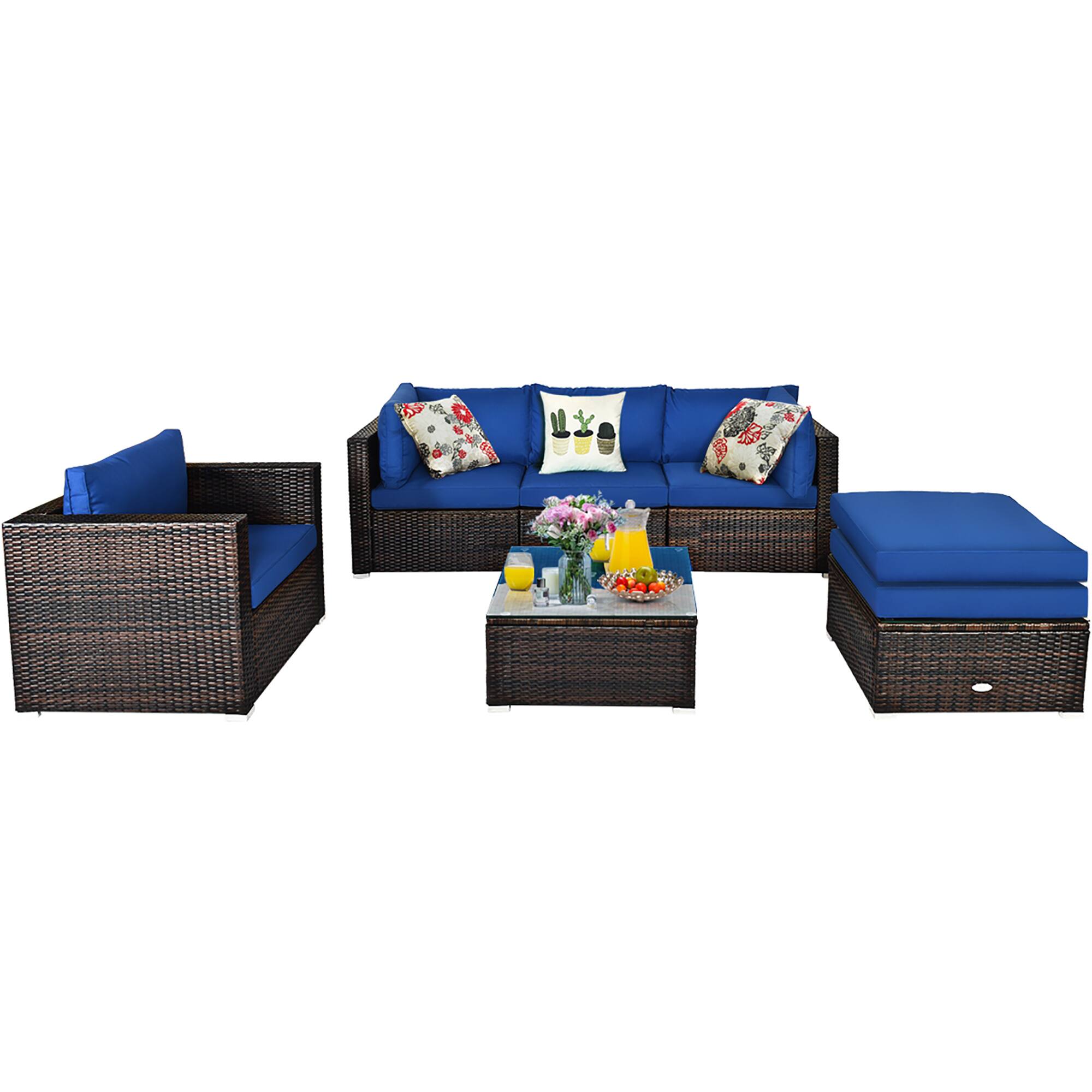 Costway - 6PCS Patio Rattan Furniture Set Sofa Coffee Table Ottoman - Navy