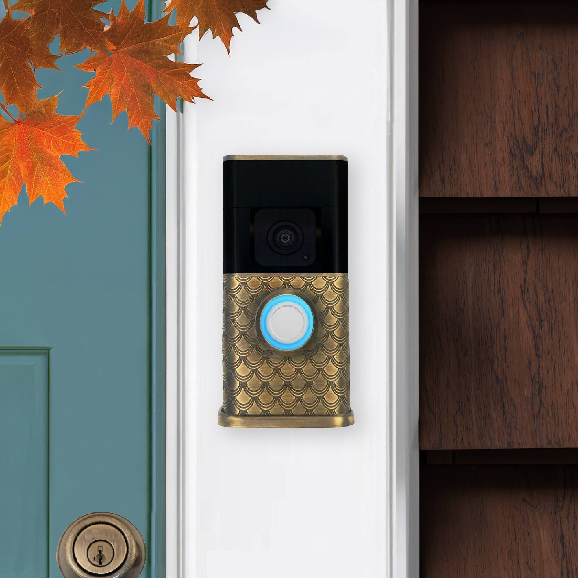 Alt View 3. Michael Healy - Scales Video Doorbell Cover (Ring 3, 3 Plus, 4, Battery Plus and Battery Pro) - Antique Brass.