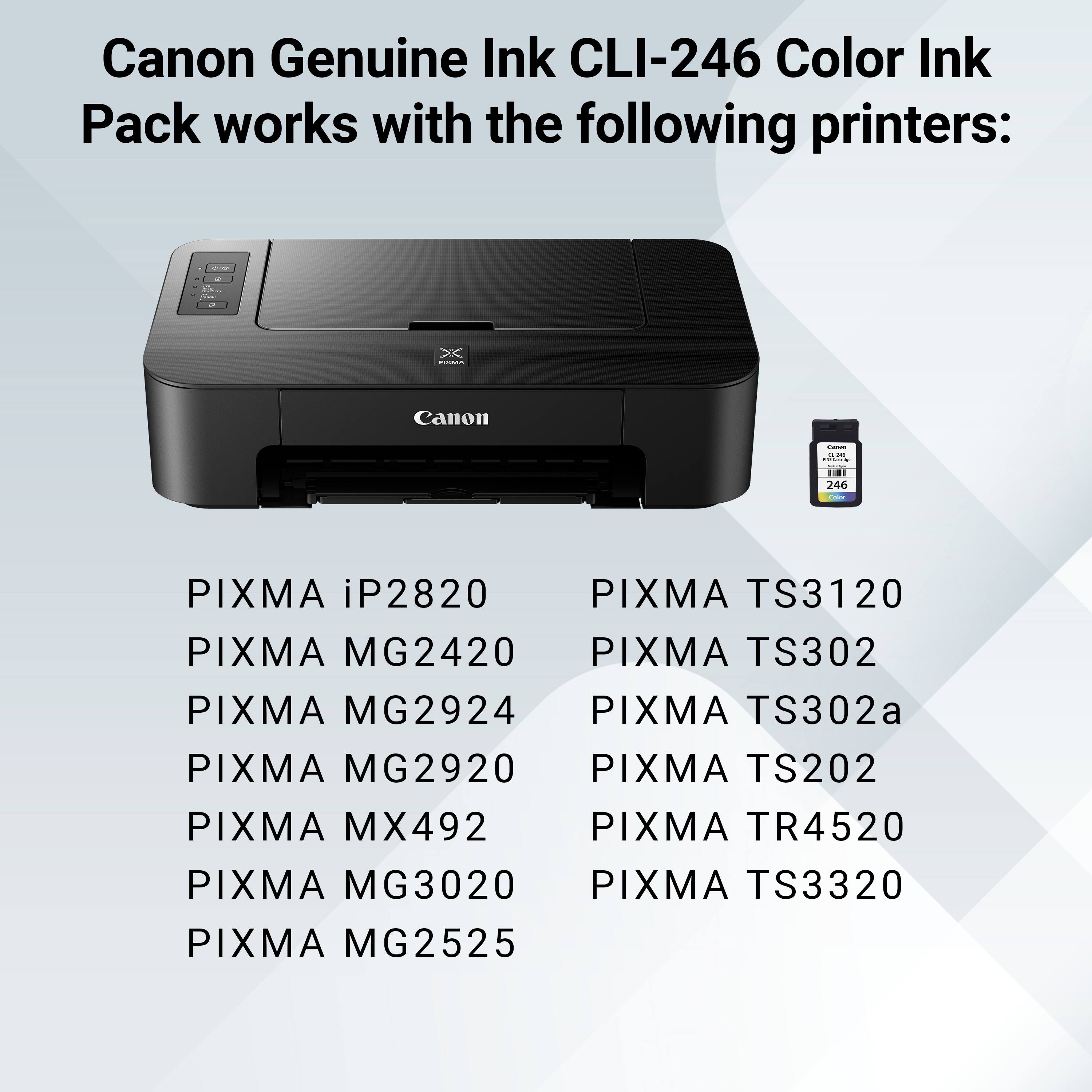Canon Genuine Ink CLI-246 Color Ink Pack works with the following printers:

- PIXMA iP2820
- PIXMA MG2420
- PIXMA MG2924
- PIXMA MG2920
- PIXMA MX492
- PIXMA MG3020
- PIXMA MG2525
- PIXMA TS3120
- PIXMA TS302
- PIXMA TS302a
- PIXMA TS202
- PIXMA TR4520
- PIXMA TS3320