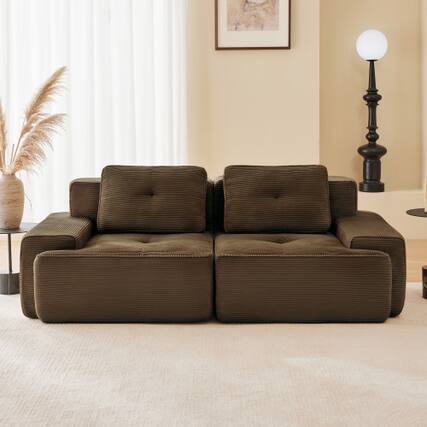Front. Anysun - 82" L-Shape Corduroy Modular Sectional Sofa - 2-Seat Deep-Seat Couch, Pearl-Like Piping, Tufted, No Assembly - Brown.