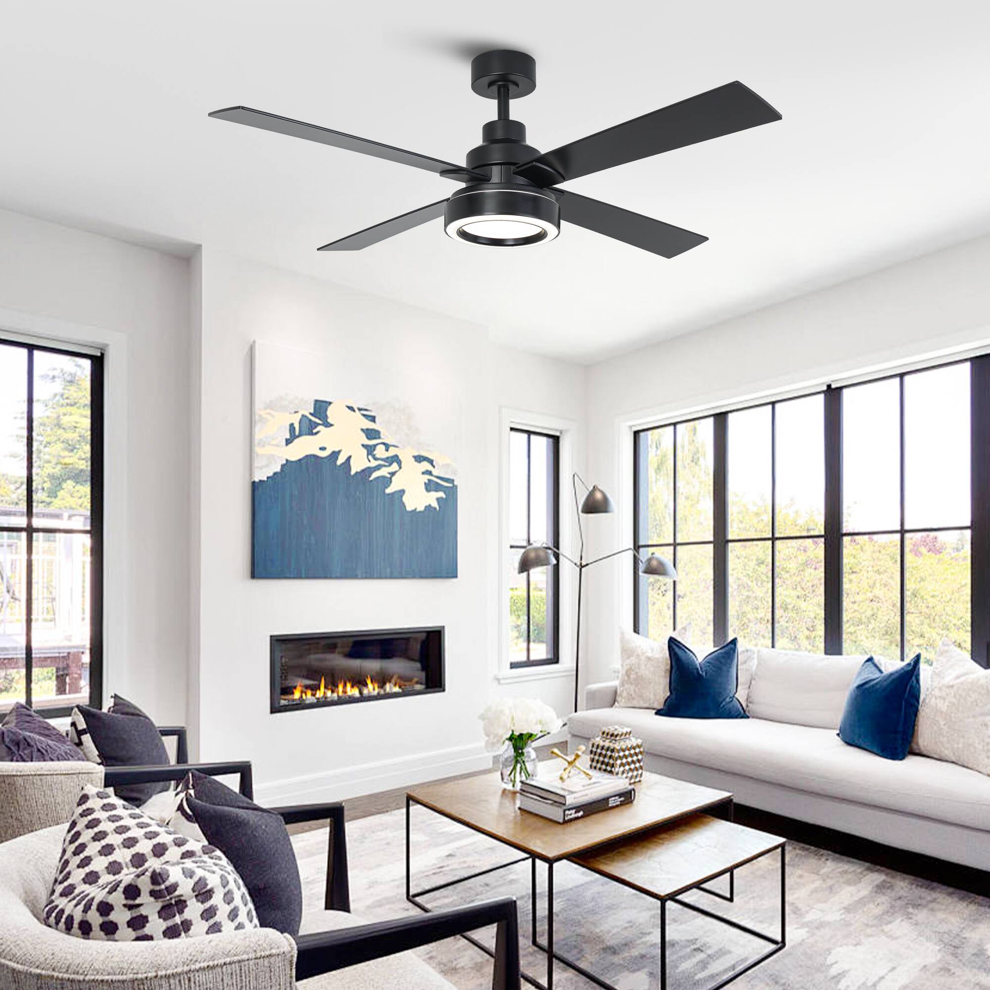 Angle. Vaczon - 52" Modern Black Reversible 4-Blade Ceiling Fan with Light and Remote - Black.