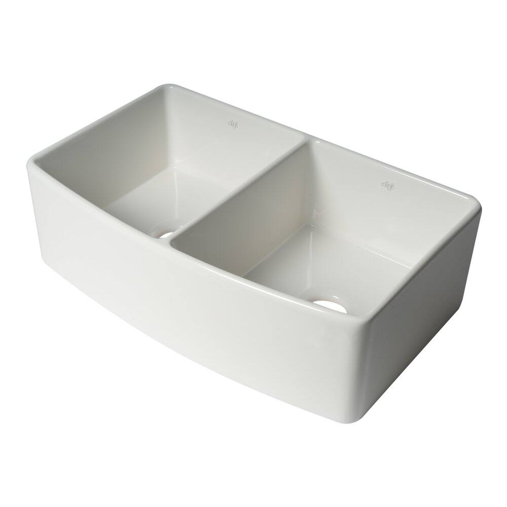Alt View 2. Alfi - ALFI brand ALFI Brand White Smooth Curved Apron 33 x 20 Double Bowl Fireclay Farm Sink - White.