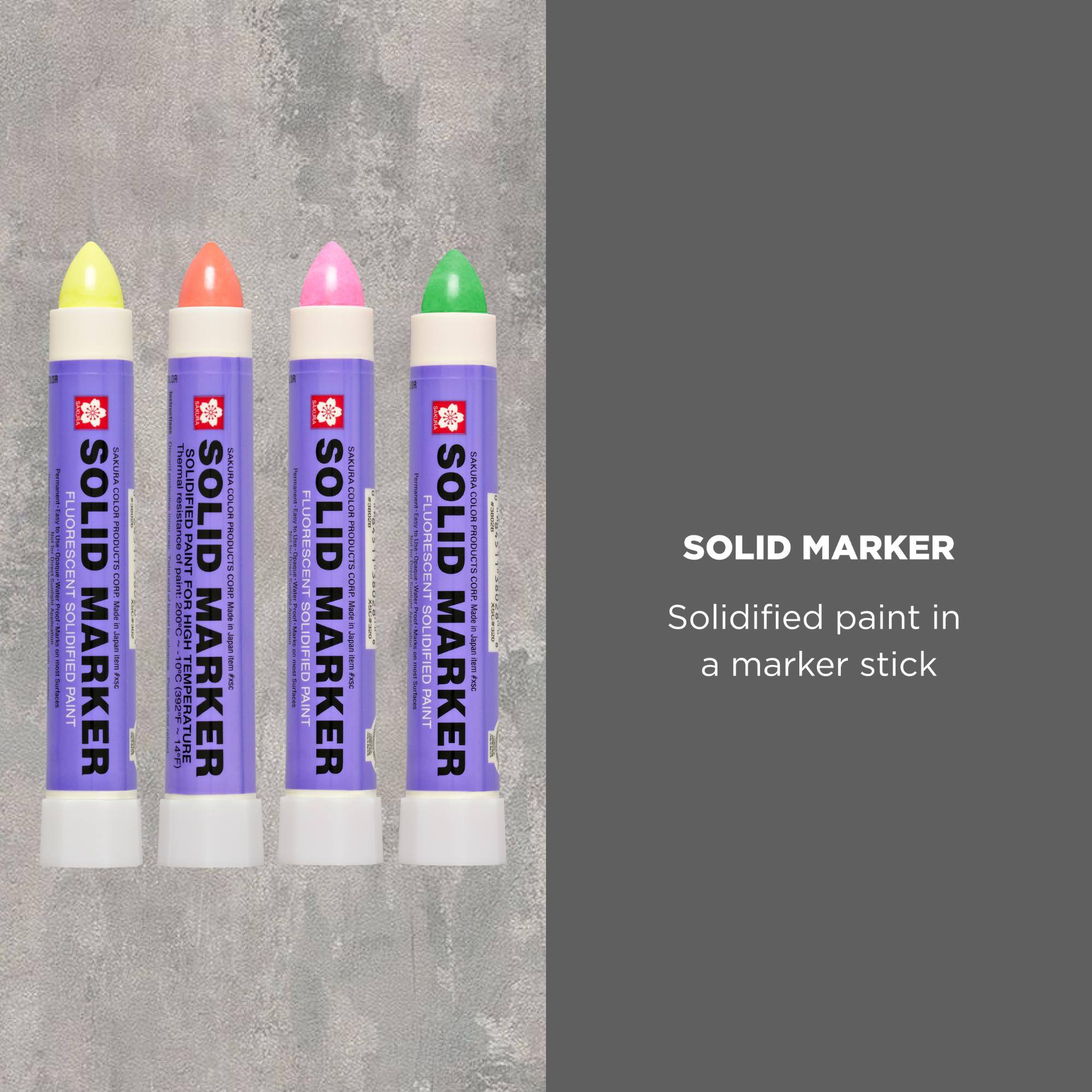EXPESCEE  
FLUORESCENT PAINT  
SOLID MARKER  
SAKURA COLOR CORP PRODUCTS Made Japan TOBIET EXPO  
Thermal SOLIDIFIED SOLID paint: 200C paint: T FOR HIGH 0C MARKER 10C (392F ~  
SAKURA COLOR PRODUCTS CORP Made in Japan FERNING EXSO  
SPARBER  
FLUORESCENT PAINT SOLIDIFIED  
SOLID MARKER  
SAKURA COLOR PRODUCTS CORP Made Japan 1000 ne  
MARKETS  
FLUORESCENT PAINT SOLIDIFIED  
SOLID MARKER  
SAKURA COLOR PRODUCTS CORP Made Japan 16m FUSH  
SOLID MARKER Solidified paint in a marker stick
