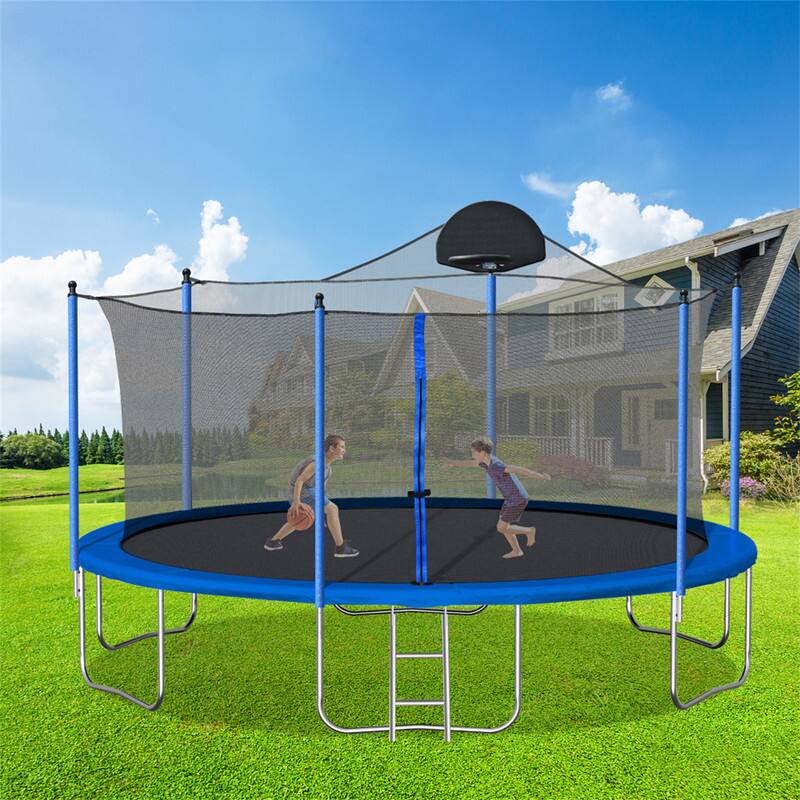 Angle. HTUTWOO - Trampoline for Adults & Kids 14FT with Basketball Hoop - Outdoor Trampoline with/Ladder,Safety Net,Duty Mat,Spring Cover - Blue.