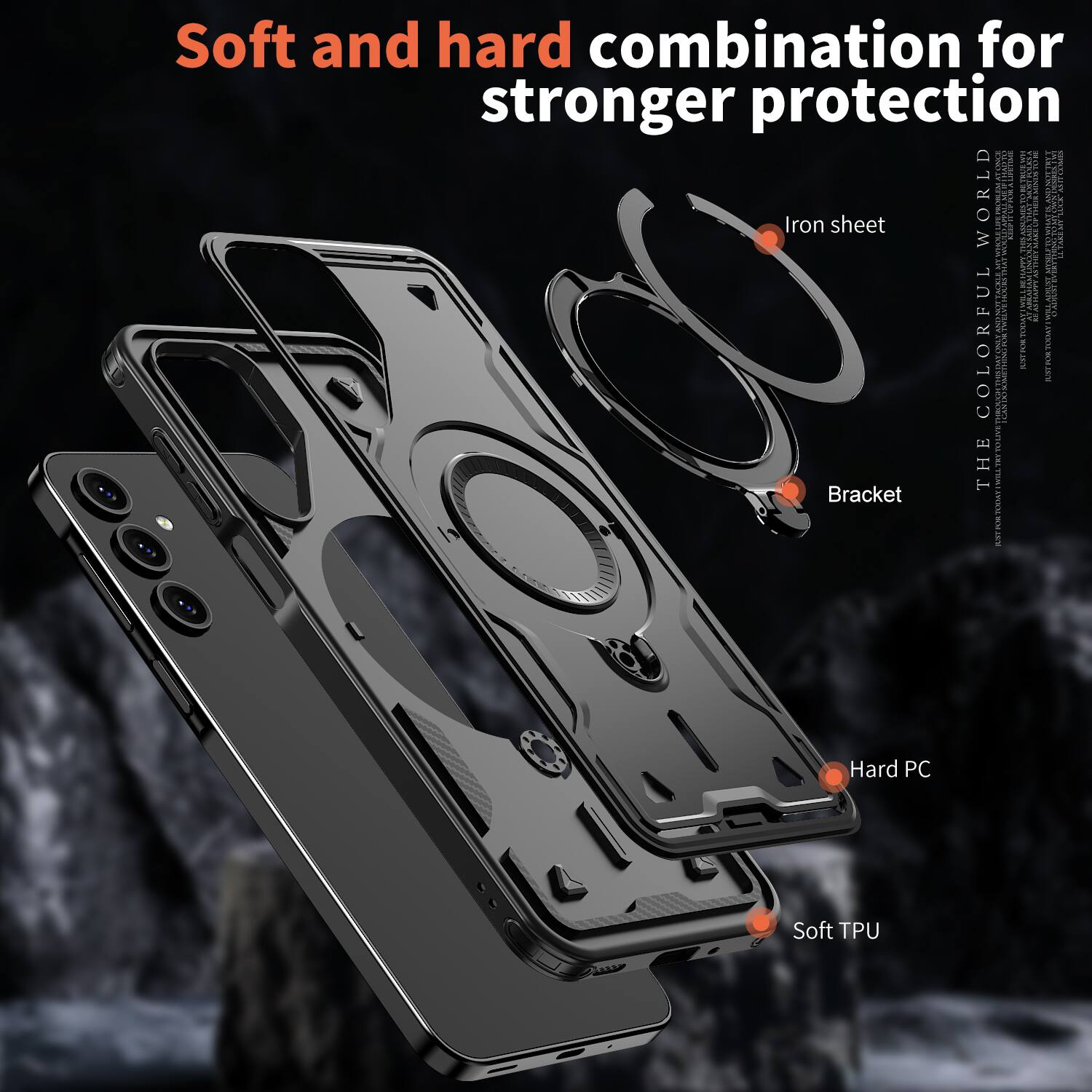 Soft and hard combination for stronger protection

Iron sheet

Bracket

Hard PC

Soft TPU
