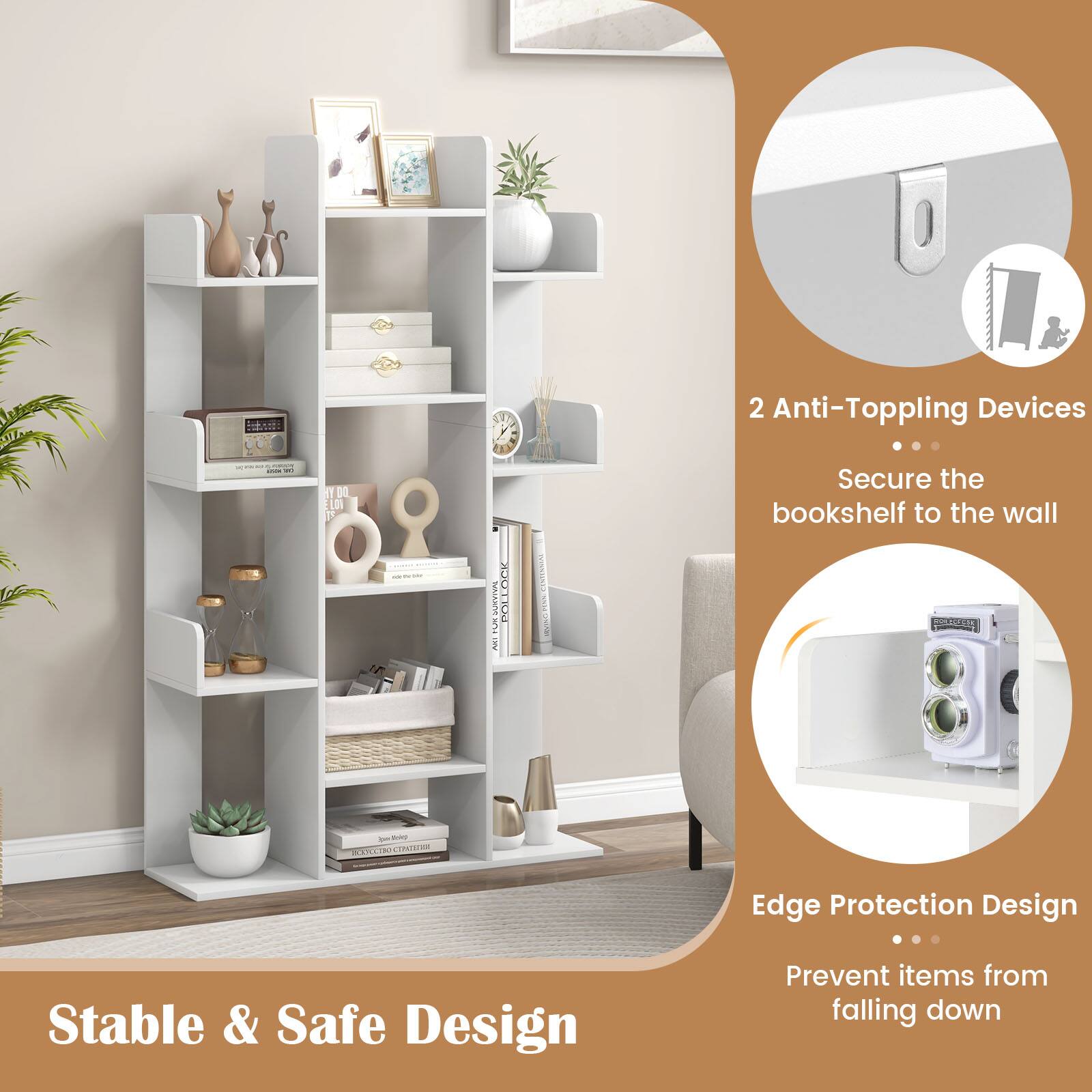 - - E Y00 Ln 1 o nt X1  LIN | 2 Anti-Toppling Devices Secure the bookshelf to the wall | - - ARCI Edge Protection Design Stable & Safe Design Prevent items from falling down