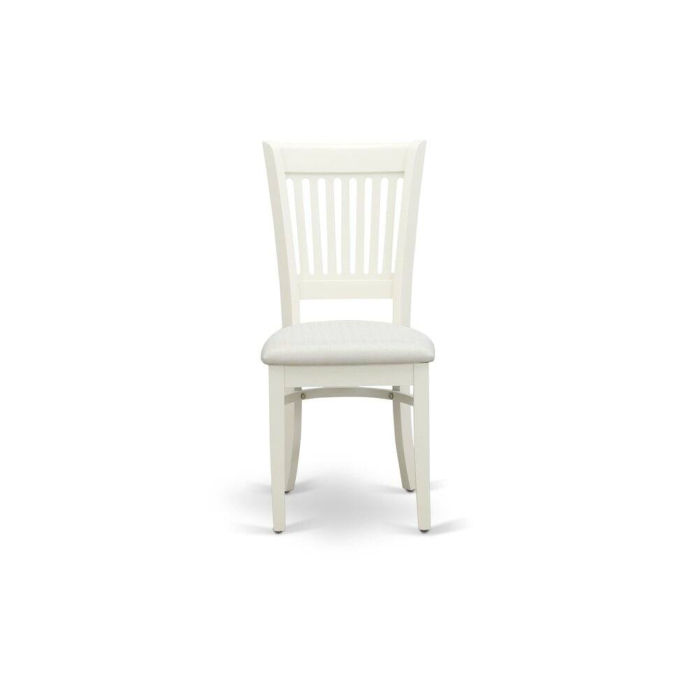Left. East West Furniture - AMVA3-LWH-C - 3-Piece Dinette Set- 2 Dining Room Chair and Round Dining Table - Linen Fabric Seat and Slatted Chair - Linen White.