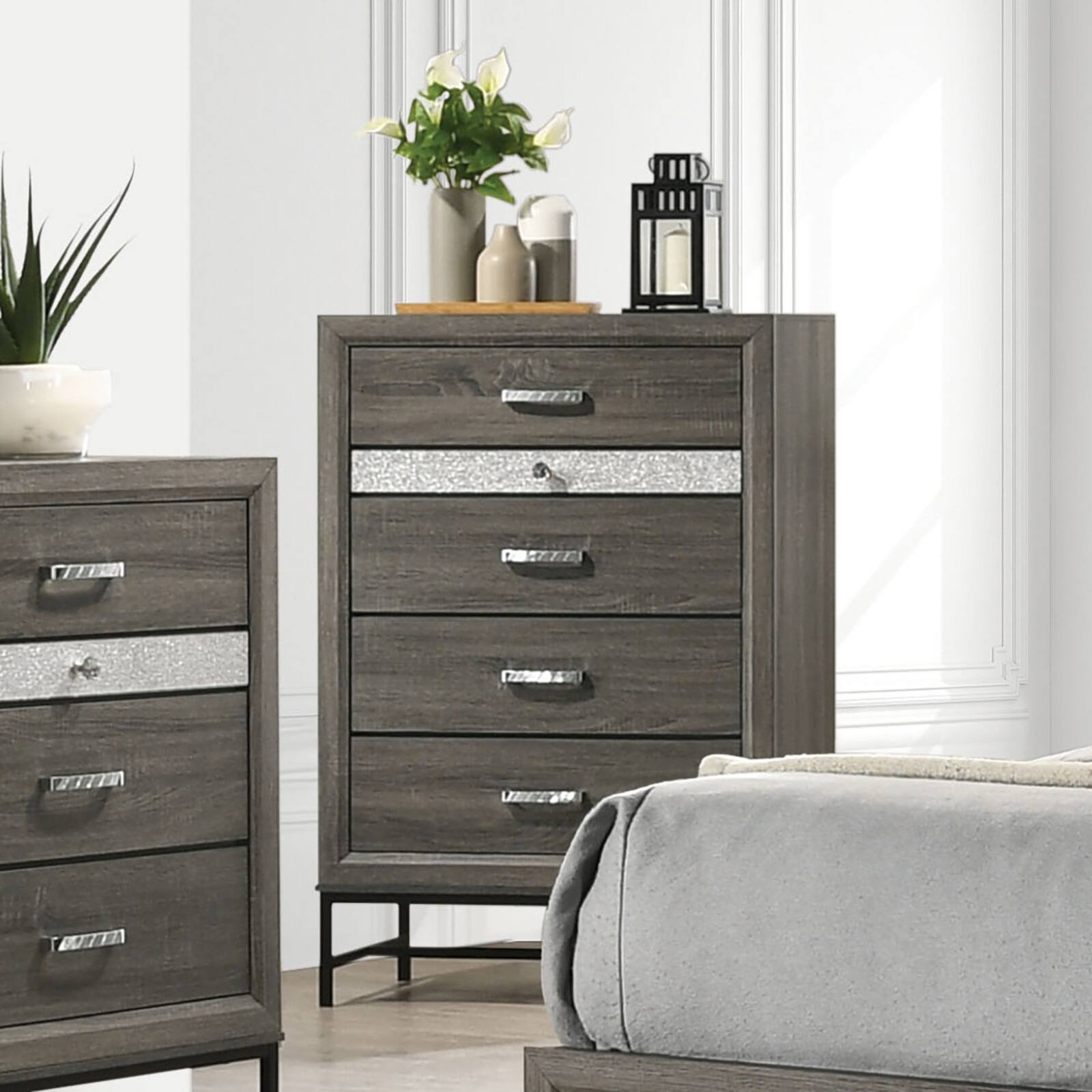 Alt View 2. TinyHomie - Contemporary Style 4-Drawers Chest 1pc Metal Legs Acrylic Accent Drawer Handles Gray Finish Bedroom Furniture - Gray.