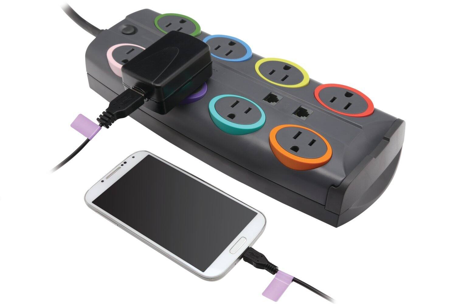 Back. Kensington - SmartSockets® Standard Adapter K62690NA – 8‑Outlet Surge Protector with 8‑Foot Cord, 2490 Joules - Gray.