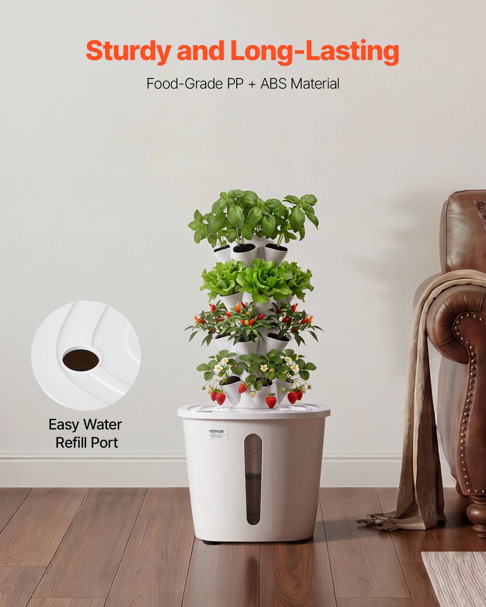 Sturdy and Long-Lasting  
Food-Grade PP + ABS Material  
Easy Water Refill Port  
VEVOR