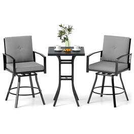 Gymax - 3-Piece Patio Swivel Bar Set w/ Soft Cushions & 1.57'' Umbrella Hole for Lawn Black - Gray