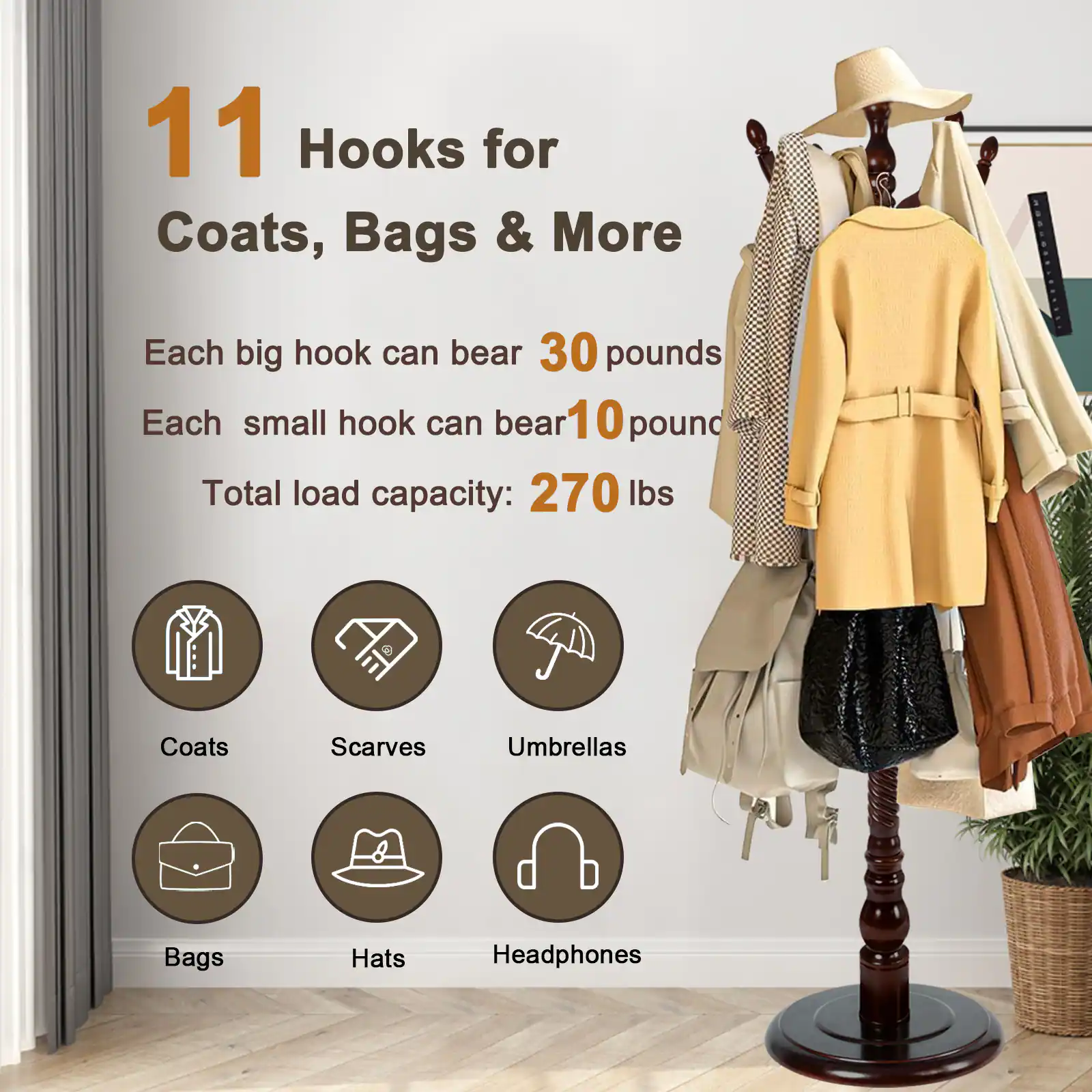 Alt View 1. Chateau Abodes - Solid Wood Coat Rack, Free Standing Hall Coat Tree with 11Hooks, 2 Height Options, 270lbs Load, Stury Base - Dark Brown.