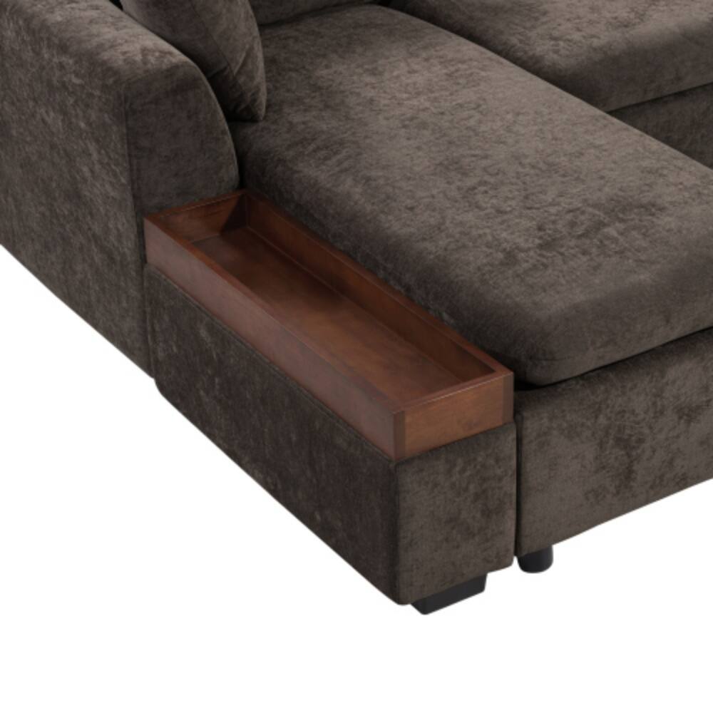 Alt View 2. LUCKY ONE - 93.7" L-Shaped Chenille Sectional Sofa w/ Wooden Storage Compartment & Pillows - Brown.