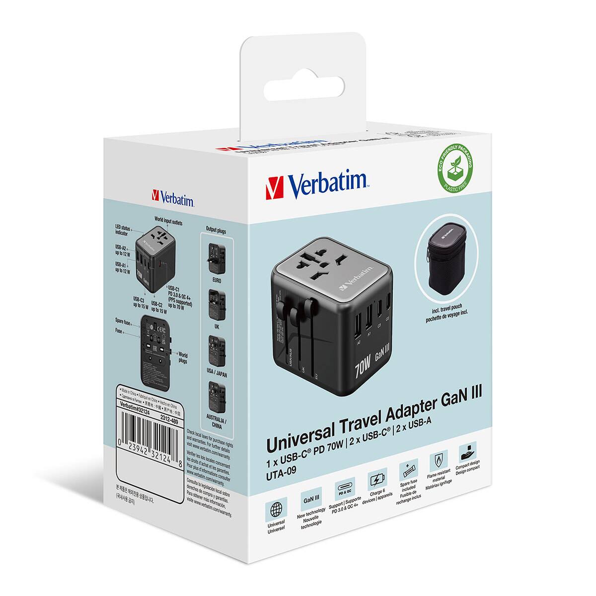 Verbatim FRIENDLY PICKAGING ECO Verbatim Verbatim Worid Input aufets LED status Output indicator plugo 052-42 058-41  OSB-CI EURO Verbatim. USE-CO PD333& 004 (PS supported) 15 058-32  pouch 10 10 15 W incl. travel incl. pochette de voyage UK plugs 70W GaN 100 JAPAN GaN III 2012-489 AUSTRALIA! CHINA Travel Adapter USB-A 0 Universal 70W USB-C 23942 32124 USB-C PD 8 1 X Compact UTA-09 Spare tuse Fame material Charge included 100% apparents Fusible visite GaN devices technology Support OC Universal Nouvelle Universel technologie