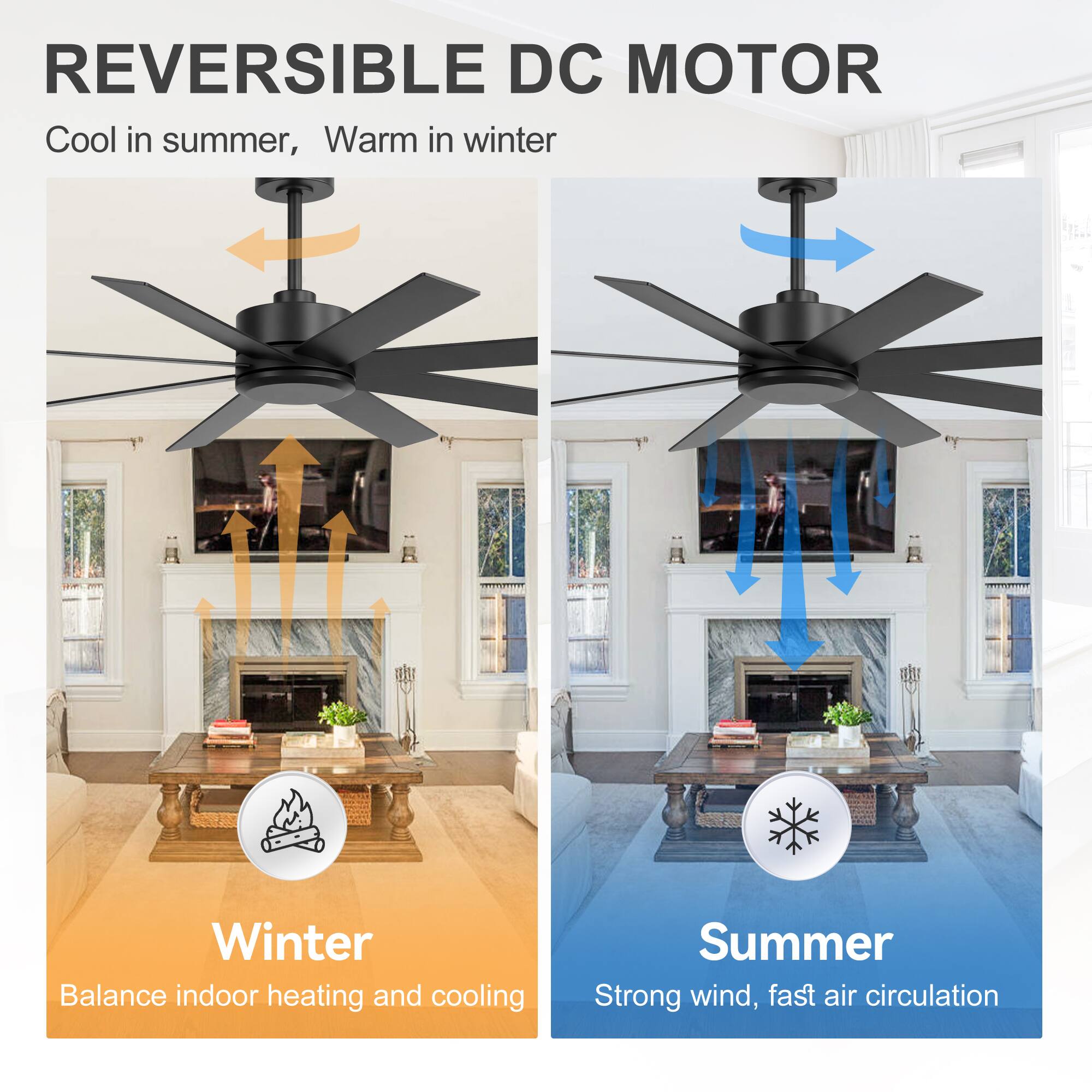 REVERSIBLE DC MOTOR  
Cool in summer, Warm in winter  

Winter  
Balance indoor heating and cooling  

Summer  
Strong wind, fast air circulation