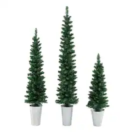 Resenkos - Set of 3 Pre-Lit Artificial Christmas Trees - Warm White LEDs, /Silver - Green