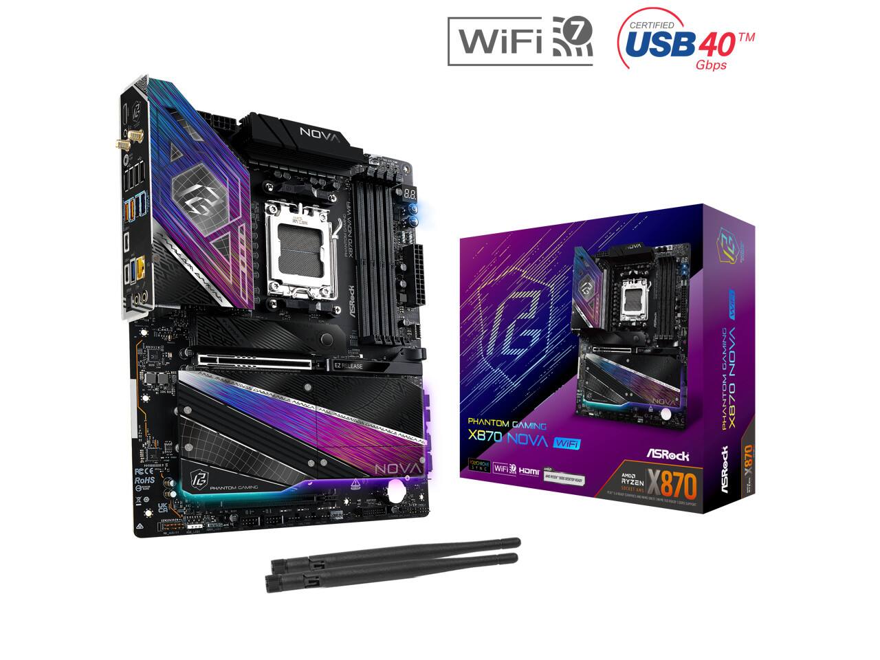 WiFi 7 CERTIFIED TM USB 40 Gbps - 0 GL : PCCE RoHS 1 nUTUM L UK CI NOVA LAN ASReck 8.8 NOVA 1 PHANTOM GAMING XB70 NOVA WiFi M WIF D S MTIGH n /SRock AMDO RYZEN X870 OR INL  4 GAMINC NOVA PHANTOM X870 /Rod . O48X MT