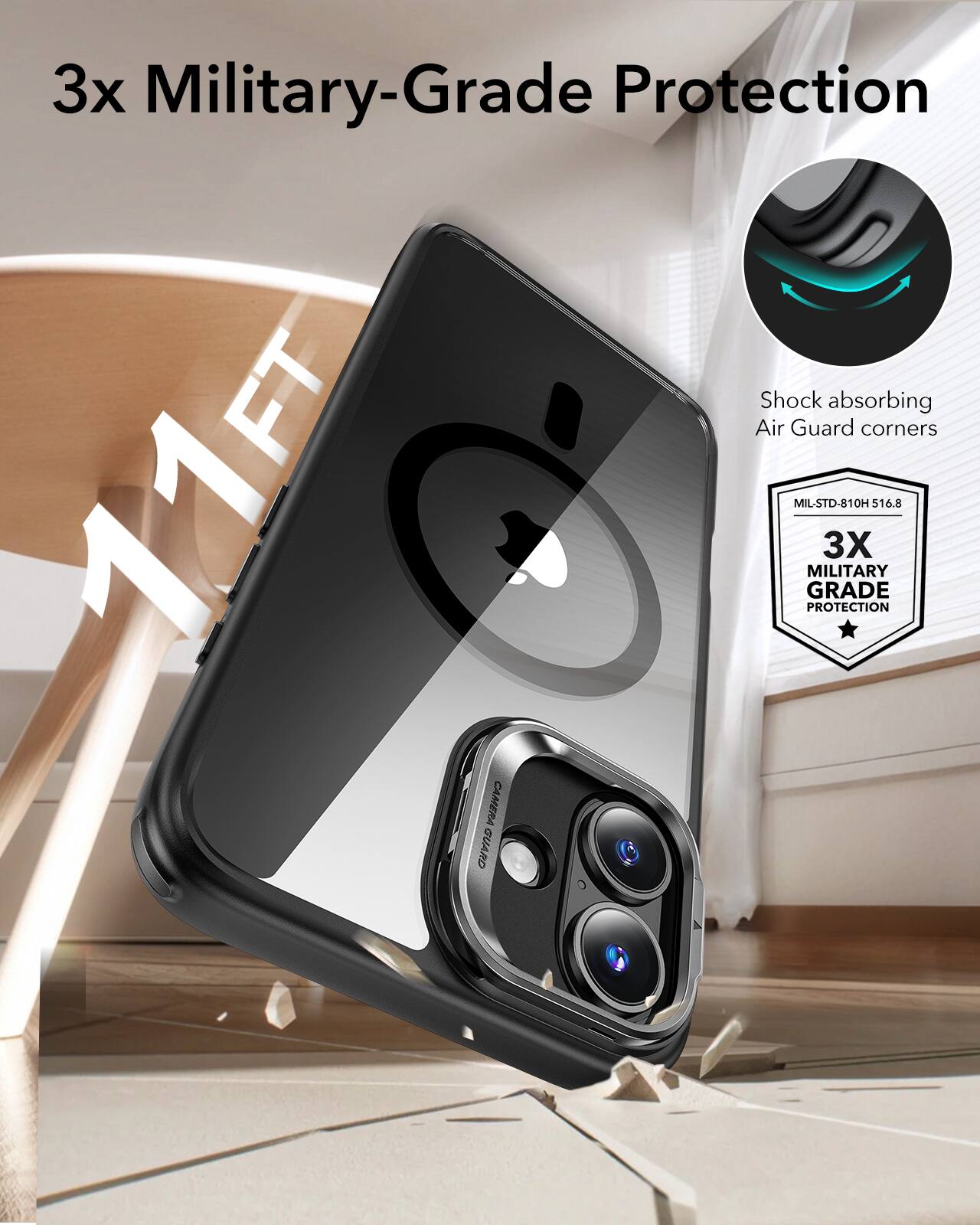 The image features a cell phone with a case that offers 3x military-grade protection. The case is designed to absorb shock and protect the corners of the phone, ensuring that it can withstand impacts and drops. The case is also rated to meet the MIL-STD-810H standard for protection, which is typically used for military equipment. The case is advertised as being 11 feet drop-tested, providing extra confidence in its durability. The case is also described as having a camera guard, which likely provides additional protection for the phone's camera.