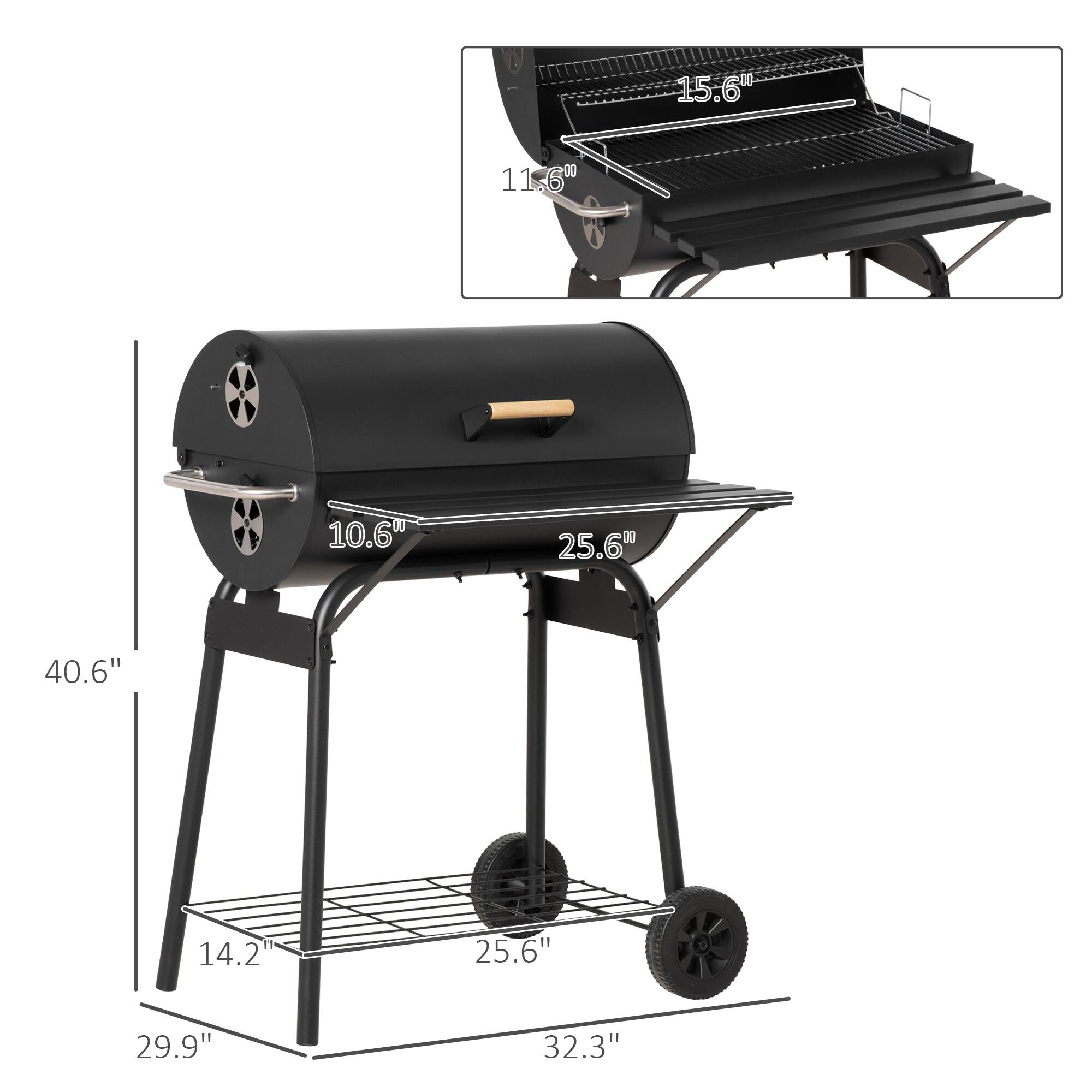 Outsunny - 30" Portable Barrel Charcoal BBQ Grill, Steel Outdoor Barbecue Smoker with 370 Square Inches Cooking Space - Black - Thumbnail 5