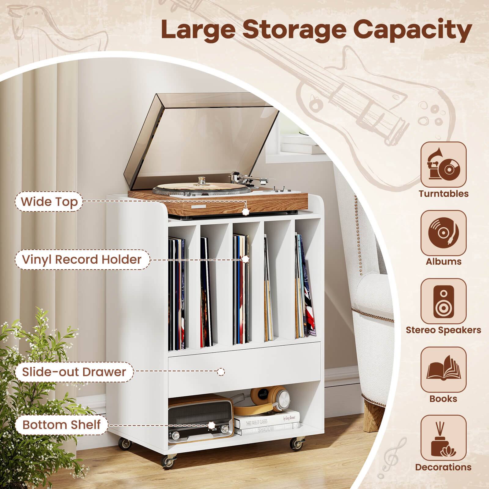 Large Storage Capacity  
Wide Top  
Turntables  
Vinyl Record Holder  
Albums  
Stereo Speakers  
Slide-out Drawer  
Books  
Bottom Shelf  
Decorations