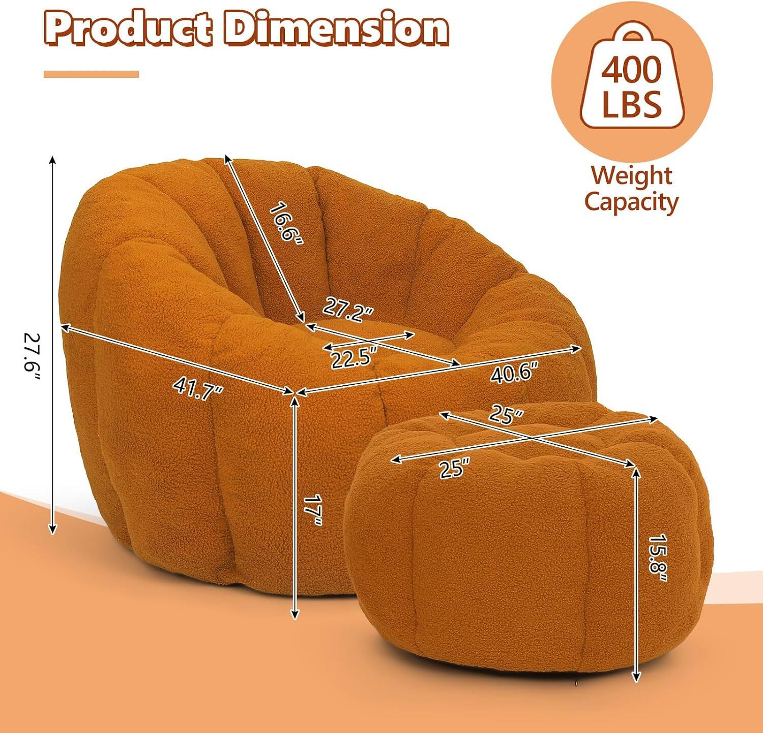 Product Dimension: 400 LBS, 27.6" x 41.7" x 16.6" x 27.2" x 22.5"  
Weight Capacity: 40.6" x 25" x 17" x 25" x 15.8"