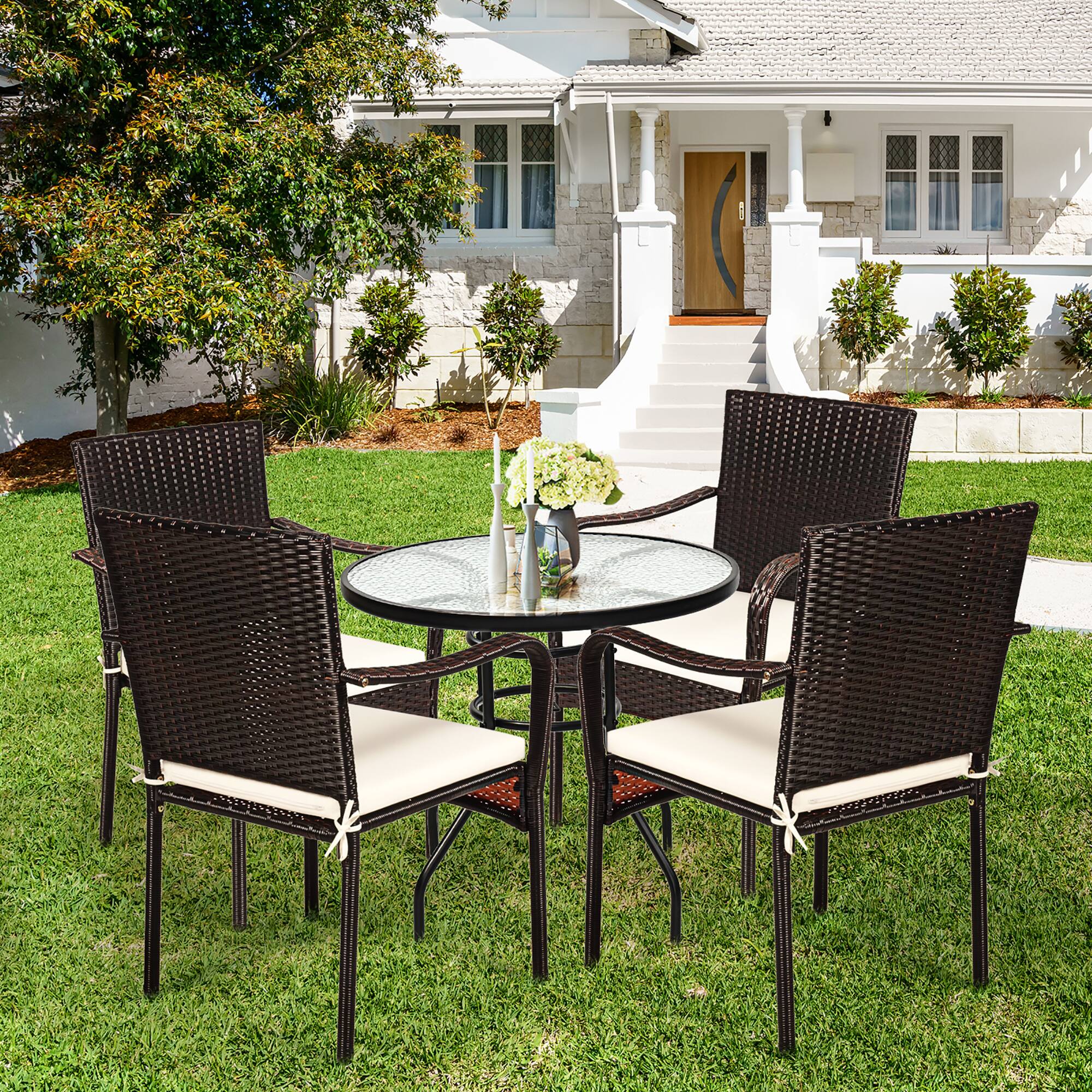 Alt View 1. Costway - Costway Set of 4 Patio Rattan Dining Chair Stackable Cushioned Armrest Garden - Brown,Beige.
