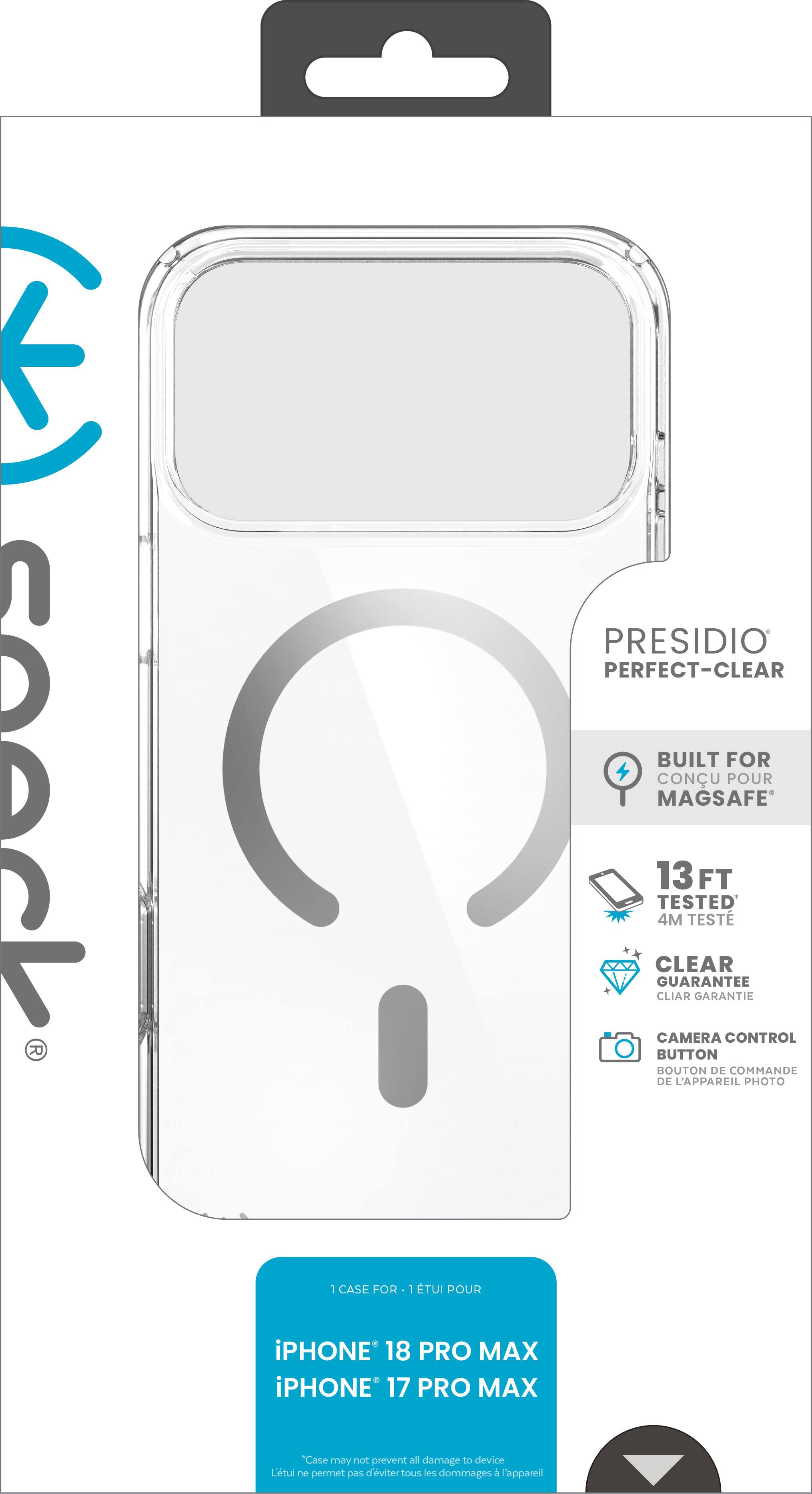 PRESIDIO PERFECT-CLEAR BUILT FOR MAGSAFE 13 FT TESTED 4M TEST CLEAR GUARANTEE CAMERA CONTROL BUTTON BOUTON DE COMMANDE DE L'APPAREIL PHOTO

1 CASE FOR 1 TUI POUR
iPHONE 18 PRO MAX iPHONE 17 PRO MAX

"Case may not prevent all damage to device"