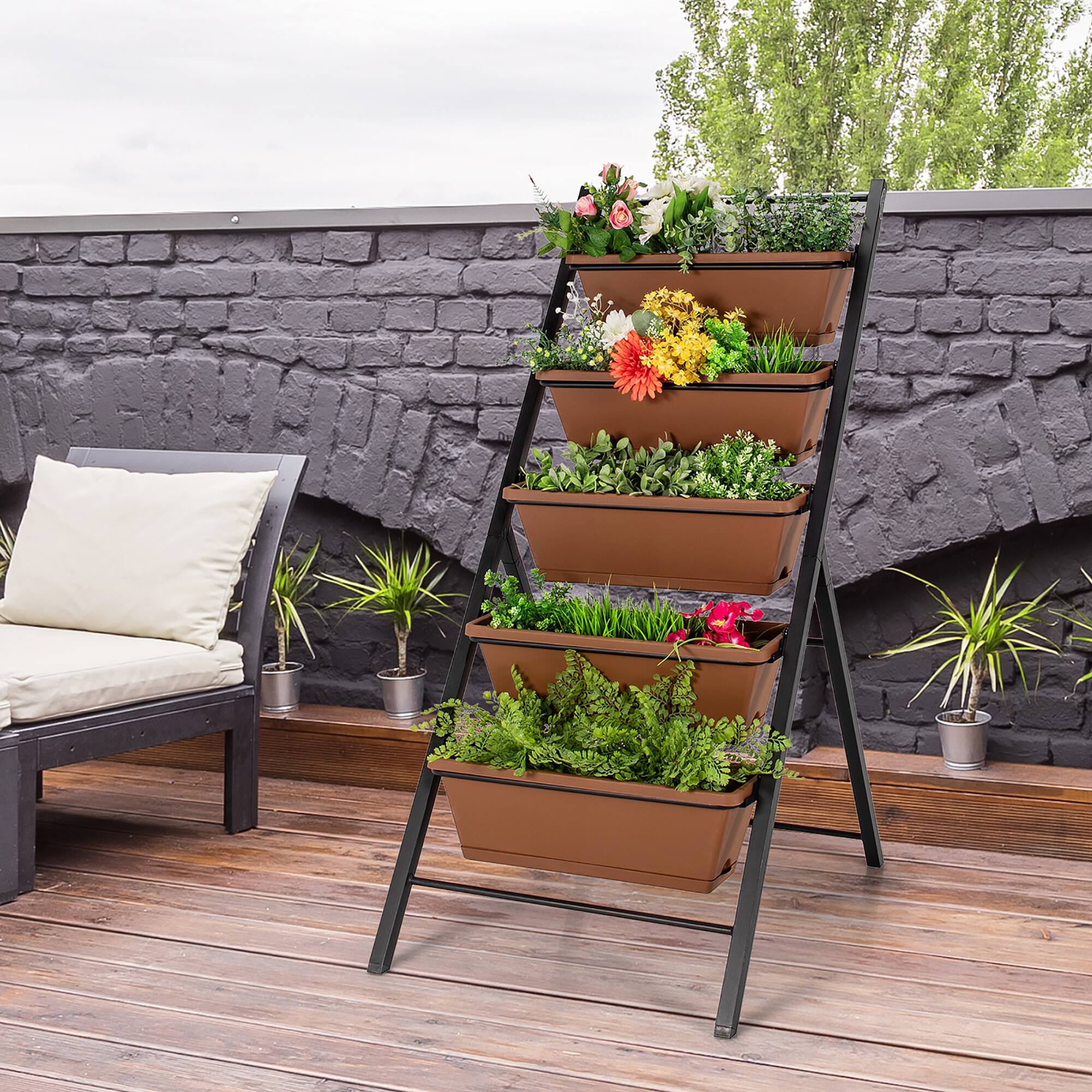 Alt View 4. Costway - 5-tier Vertical Garden Planter Box Elevated Raised Bed w/5 Container - Brown.