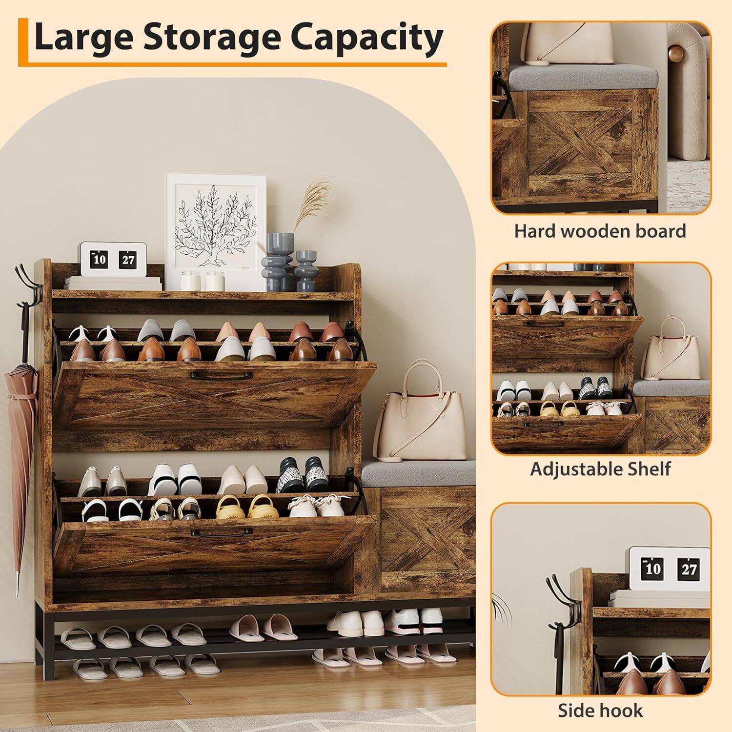 Large Storage Capacity

- Hard wooden board
- Adjustable Shelf
- Side hook