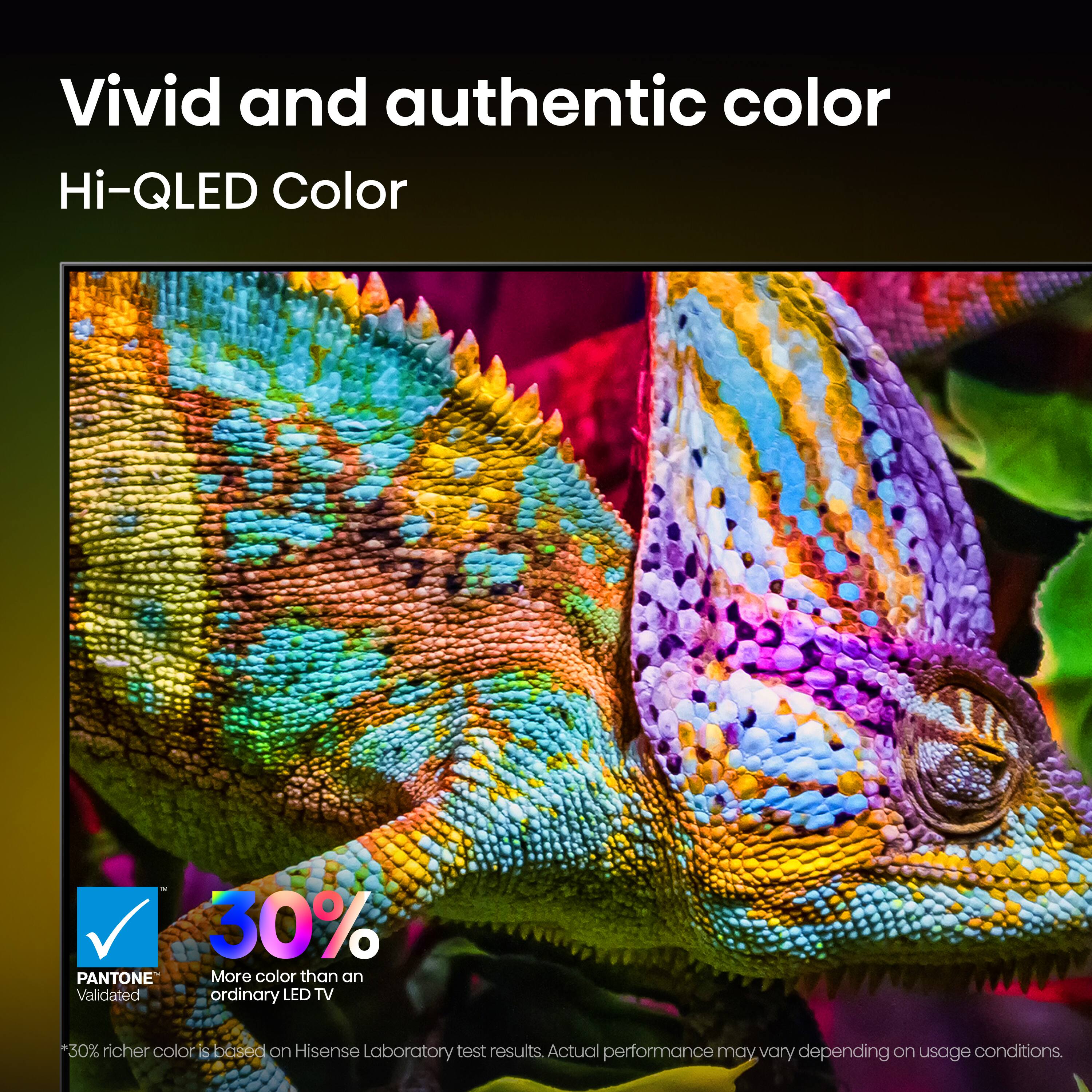 Vivid and authentic color  
Hi-QLED Color  

30% PANTONE  
More color than an ordinary LED TV  

*30% richer color is based on Hisense Laboratory test results.  
Actual performance may vary depending on usage conditions.