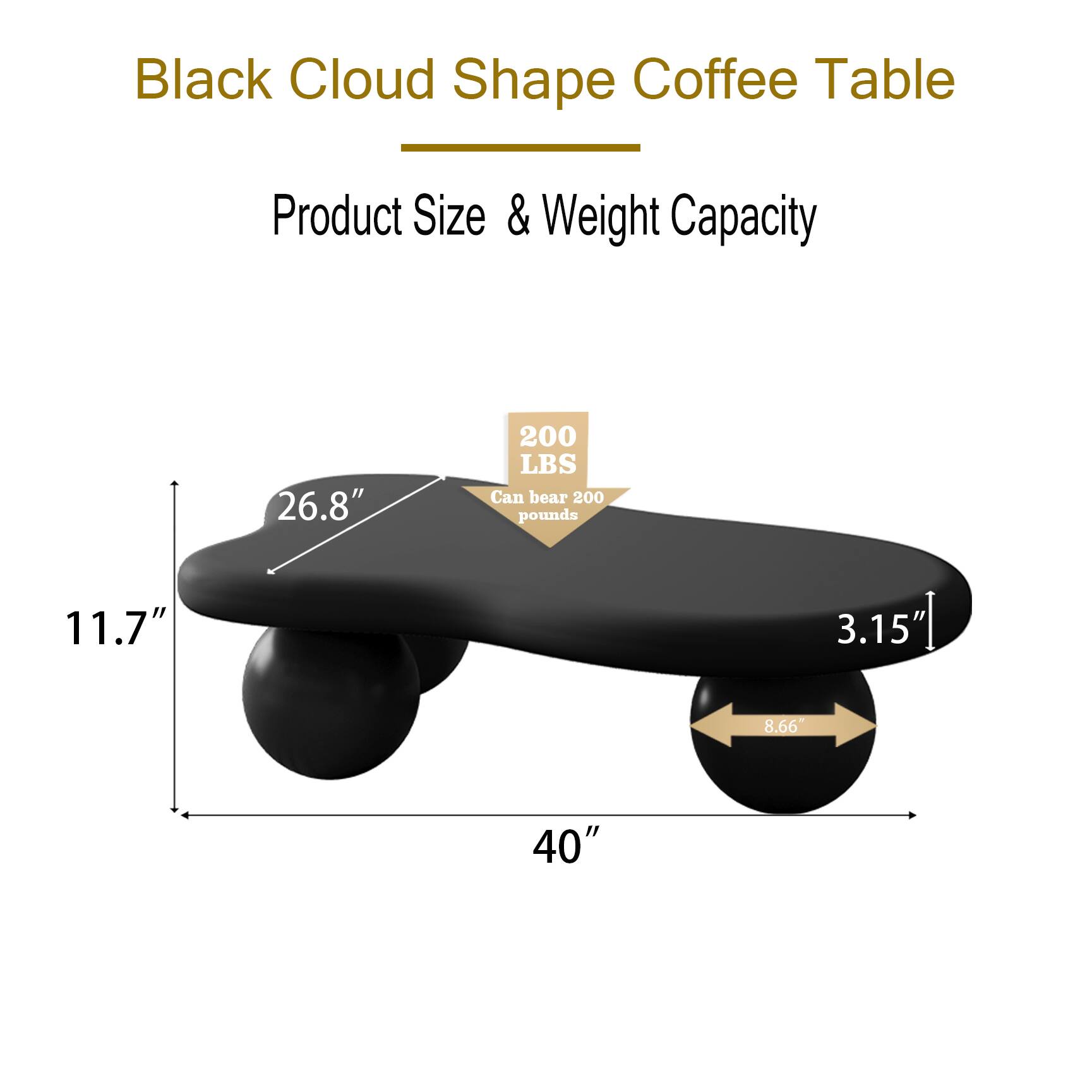 Black Cloud Shape Coffee Table

Product Size & Weight Capacity

26.8"  
11.7"  
3.15"  
40"  
200 LBS  
Can bear 200 pounds