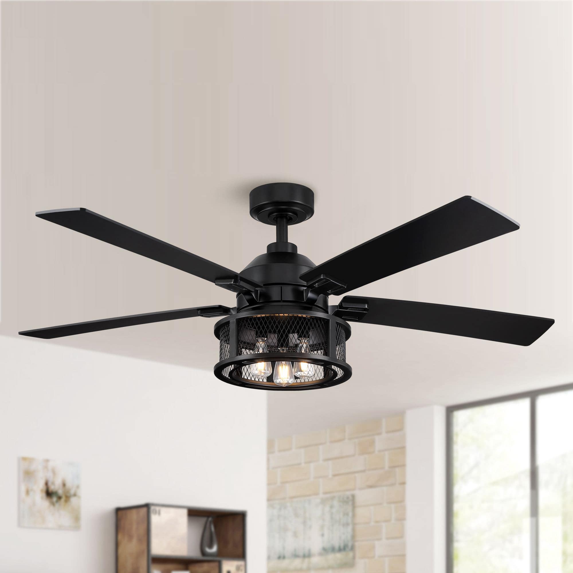 Front. Parrot Uncle - 52" Industrial Reversible Wood 5-Blade Black Ceiling Fan with Light and Remote - Black.