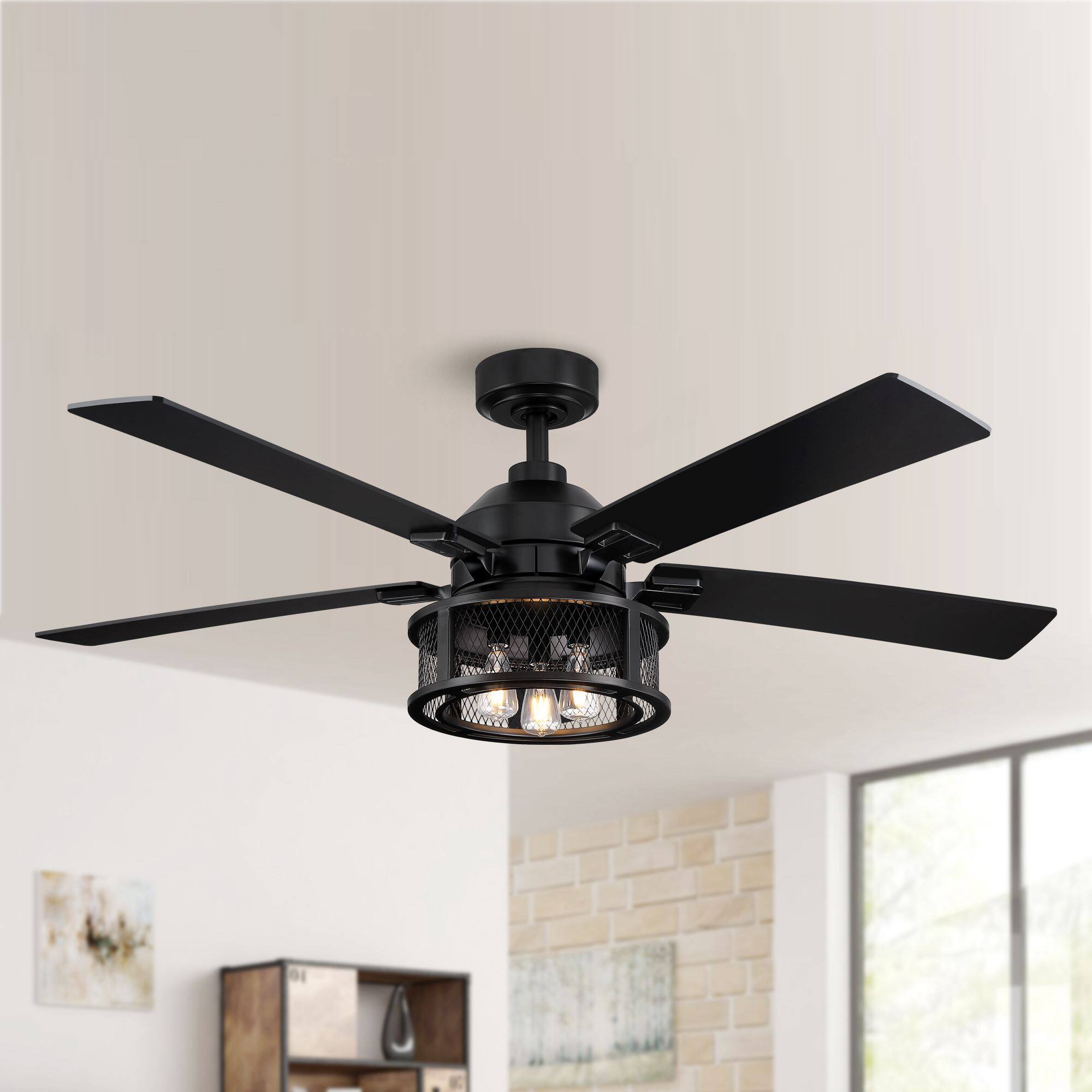 Front. Parrot Uncle - 52" Industrial Reversible Wood 5-Blade Black Ceiling Fan with Light and Remote - Black.