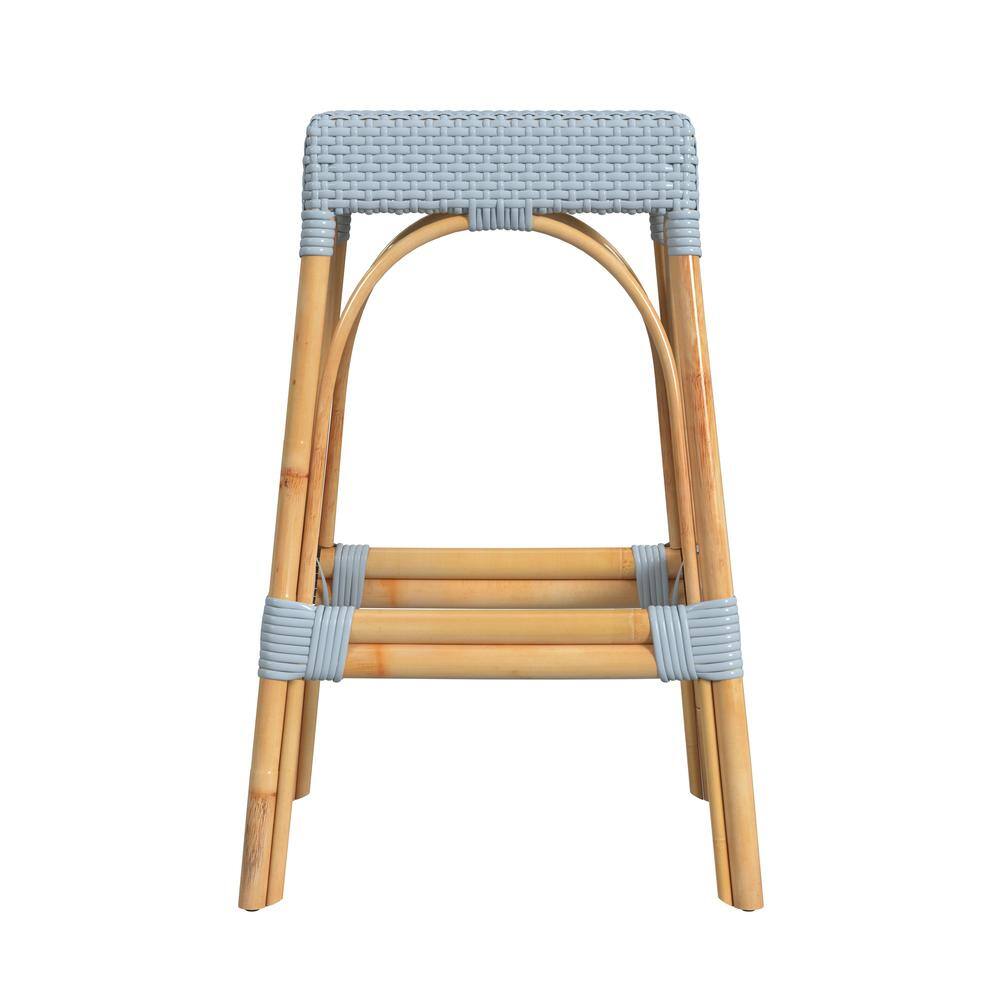 Back. Butler Specialty - Robias Rectangular Rattan 30" Bar Stool - Baby Blue.