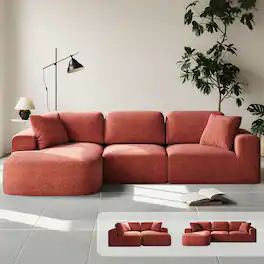 Dowinx - No-Assembly Modular Sectional Sofa with Chaise, Bouclé-Inspired L-Shaped Couch for Modern Living Room - Brick red-Left Hand Facing(107")