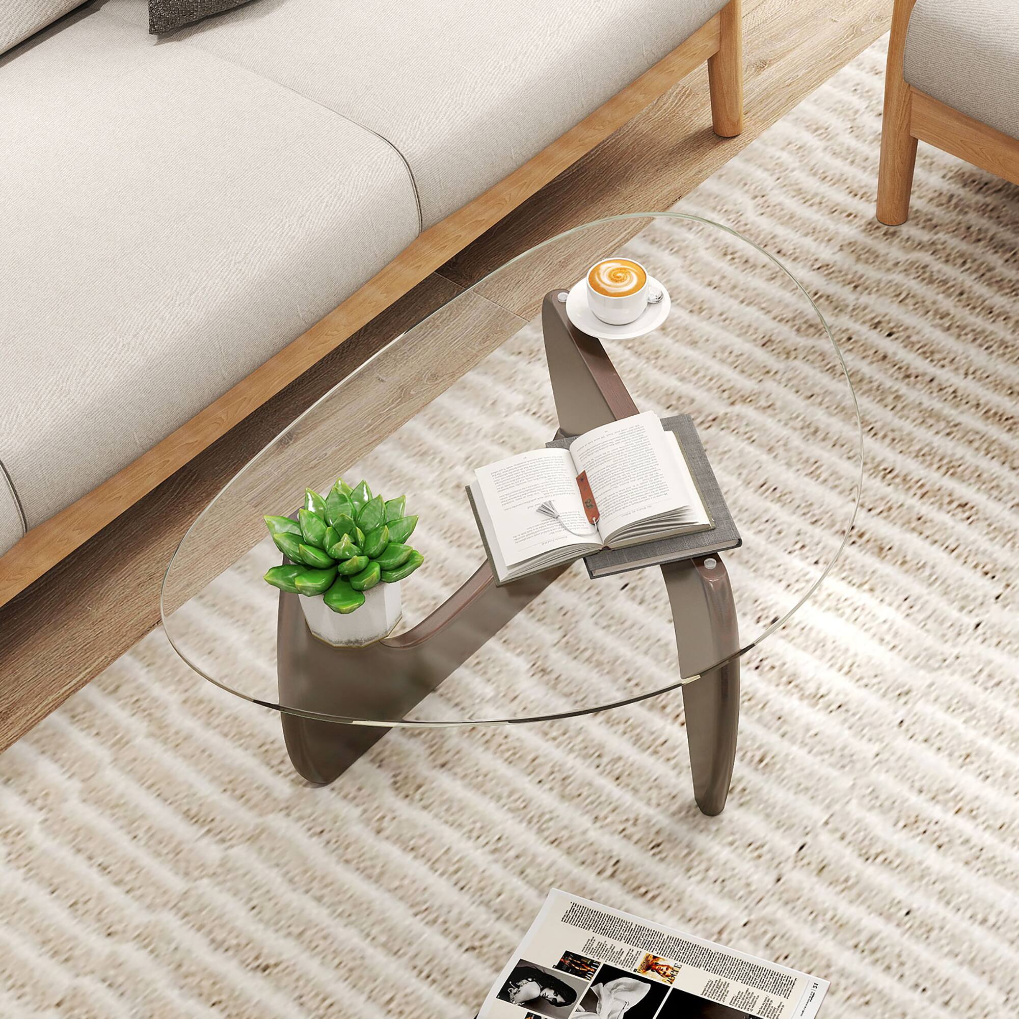 Alt View 4. Gymax - Gymax Triangle Coffee Table w/ Tempered Glass Top & Adjustable Rubber Wood Base - Walnut.