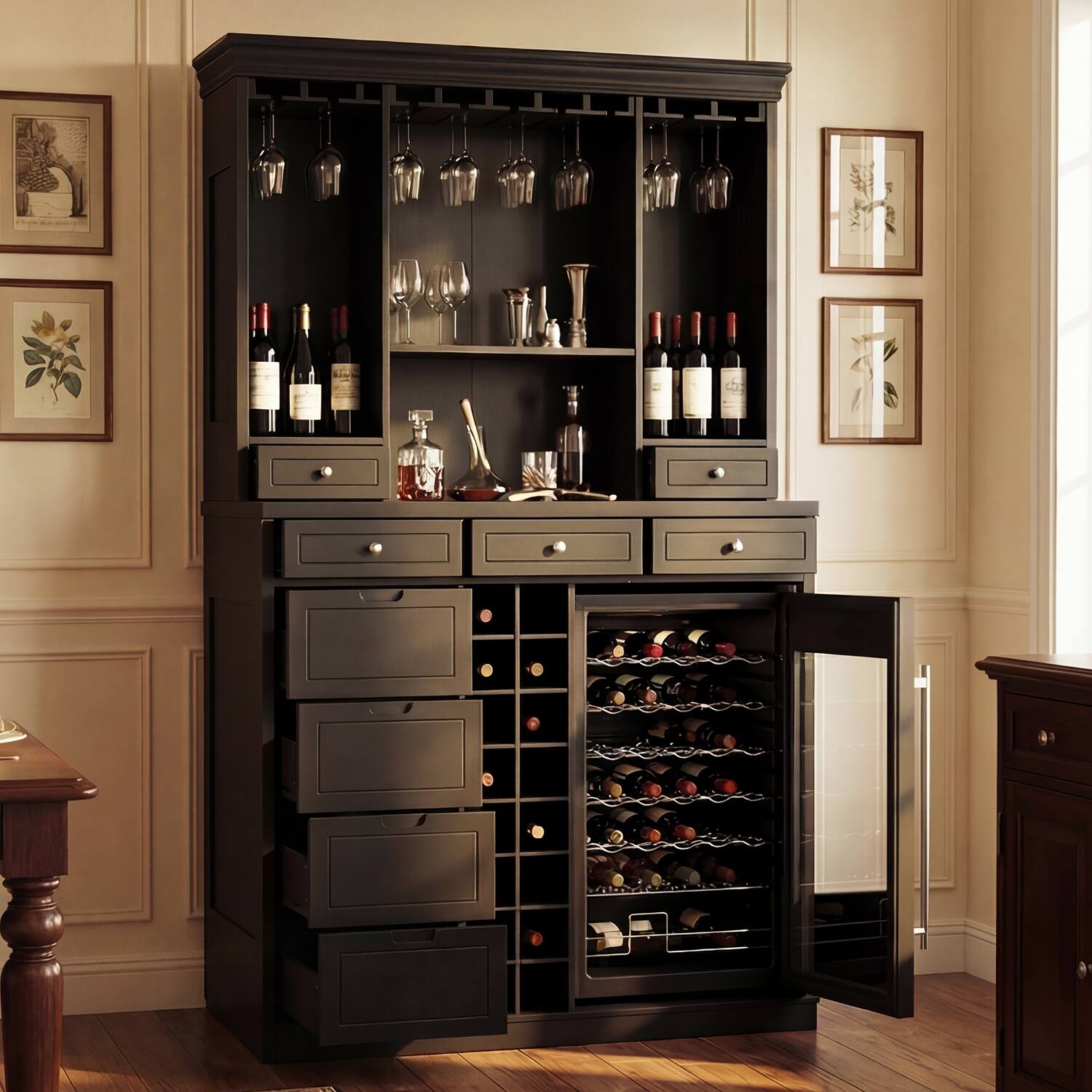 Left. Famapy - Wine Furniture Cabinet with Built-In Compressor Wine Cooler Refrigerator, 85L Capacity Stores Up to 34 Standard Bottles - Black.