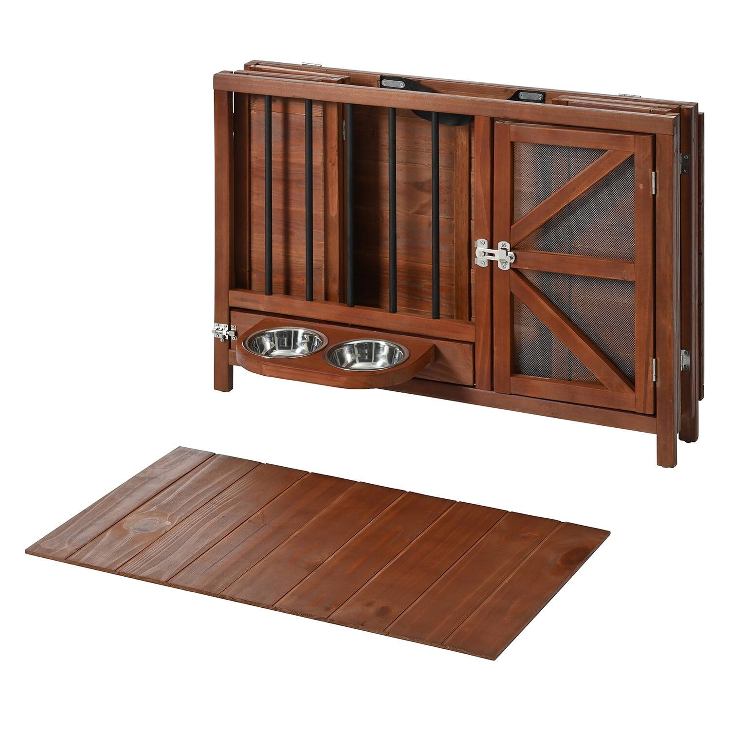 Angle. Pefilos - 33" Wood Foldable Dog Crate with 360° Rotating Feeder, Removable Tray, Multi-Functional Kennel for Medium to Small Dogs.