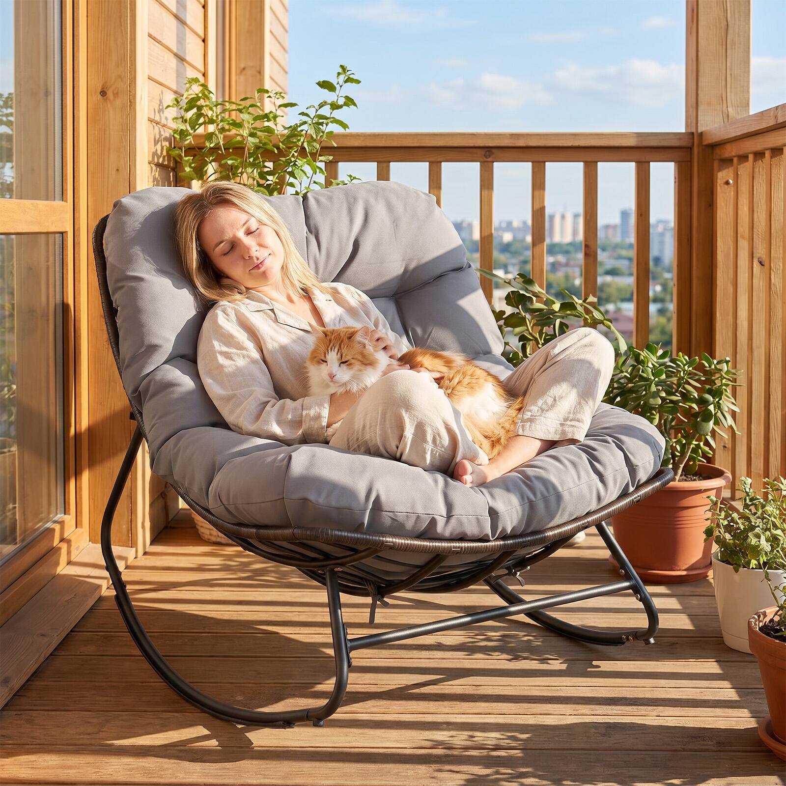 Alt View 1. Costway - Costway Patio Papasan Rocking Chair,Oversized Egg-shaped Rocker with Thick Cushioned Seat - Gray.