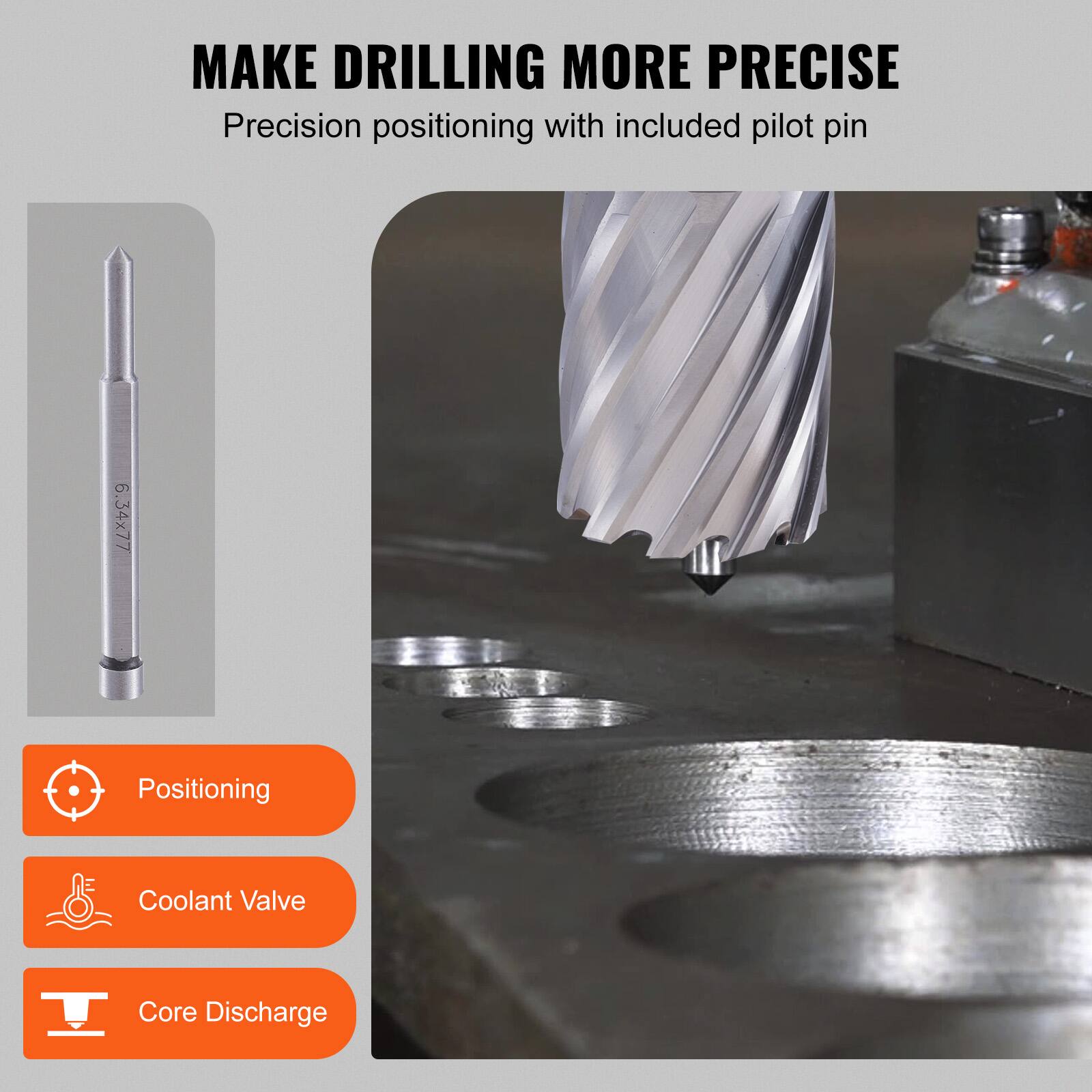 MAKE DRILLING MORE PRECISE  
Precision positioning with included pilot pin  

Positioning  
Coolant Valve  
Core Discharge