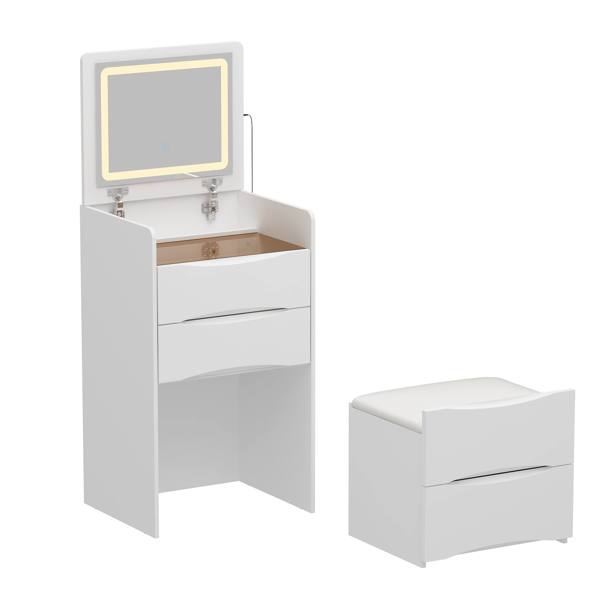 Alt View 9. Famapy - 3-in-1 Flip-Top Vanity Desk: Space-Saving LED Makeup Station, Nightstand & Desk with Storage Stool - White.