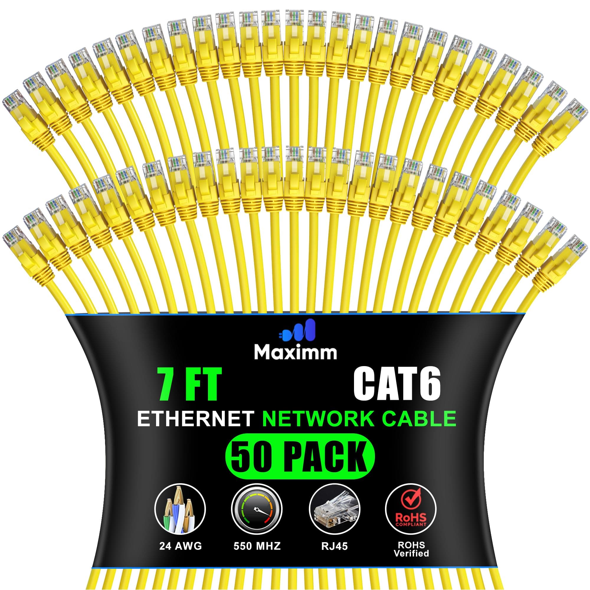 Maximm - Cat 6 Ethernet Cable 7 ft (50-Pack) - UTP, 10Gbps, 550MHz