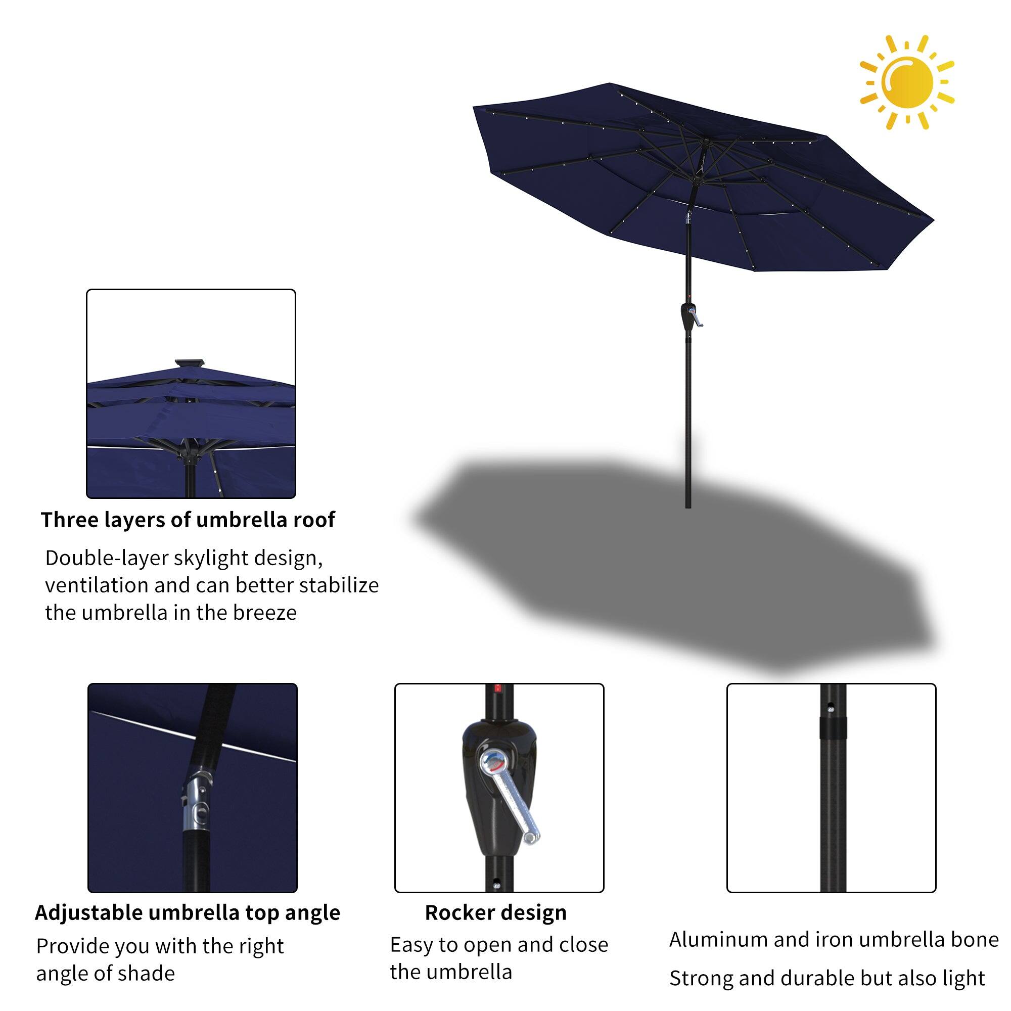 Three layers of umbrella roof  
Double-layer skylight design, ventilation and can better stabilize the umbrella in the breeze  

Adjustable umbrella top angle  
Provide you with the right angle of shade  

Rocker design  
Easy to open and close the umbrella  

Aluminum and iron umbrella bone  
Strong and durable but also light