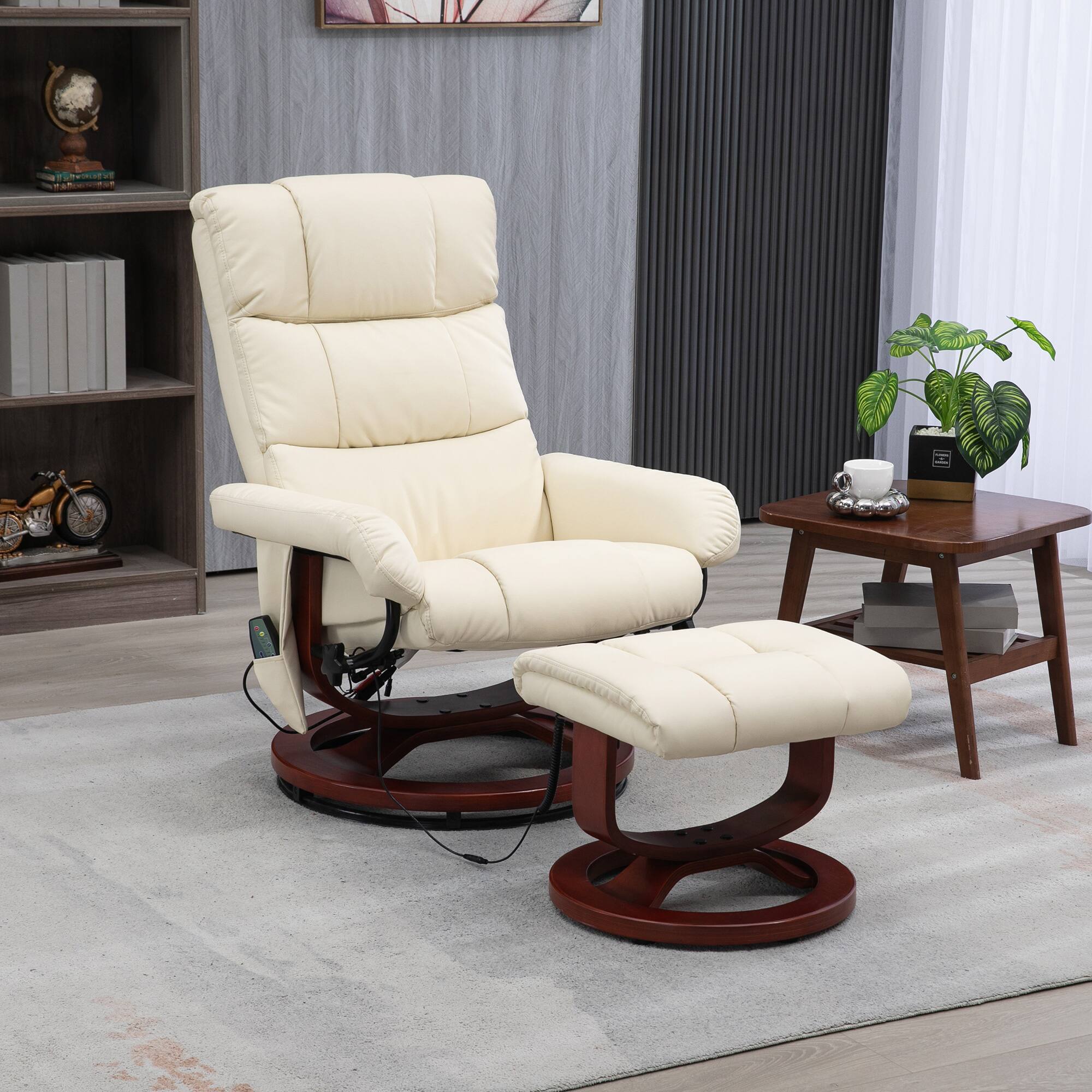 Alt View 1. Homcom - Massage Recliner with Ottoman: Swivel Footrest Faux Leather Chair w/Remote 10 Vibration Point - Cream White.
